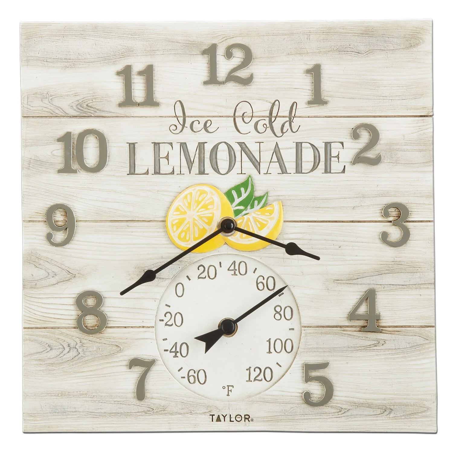 Taylor Poly Resin Lemonade Clock with Thermometer, 14x14 Inch