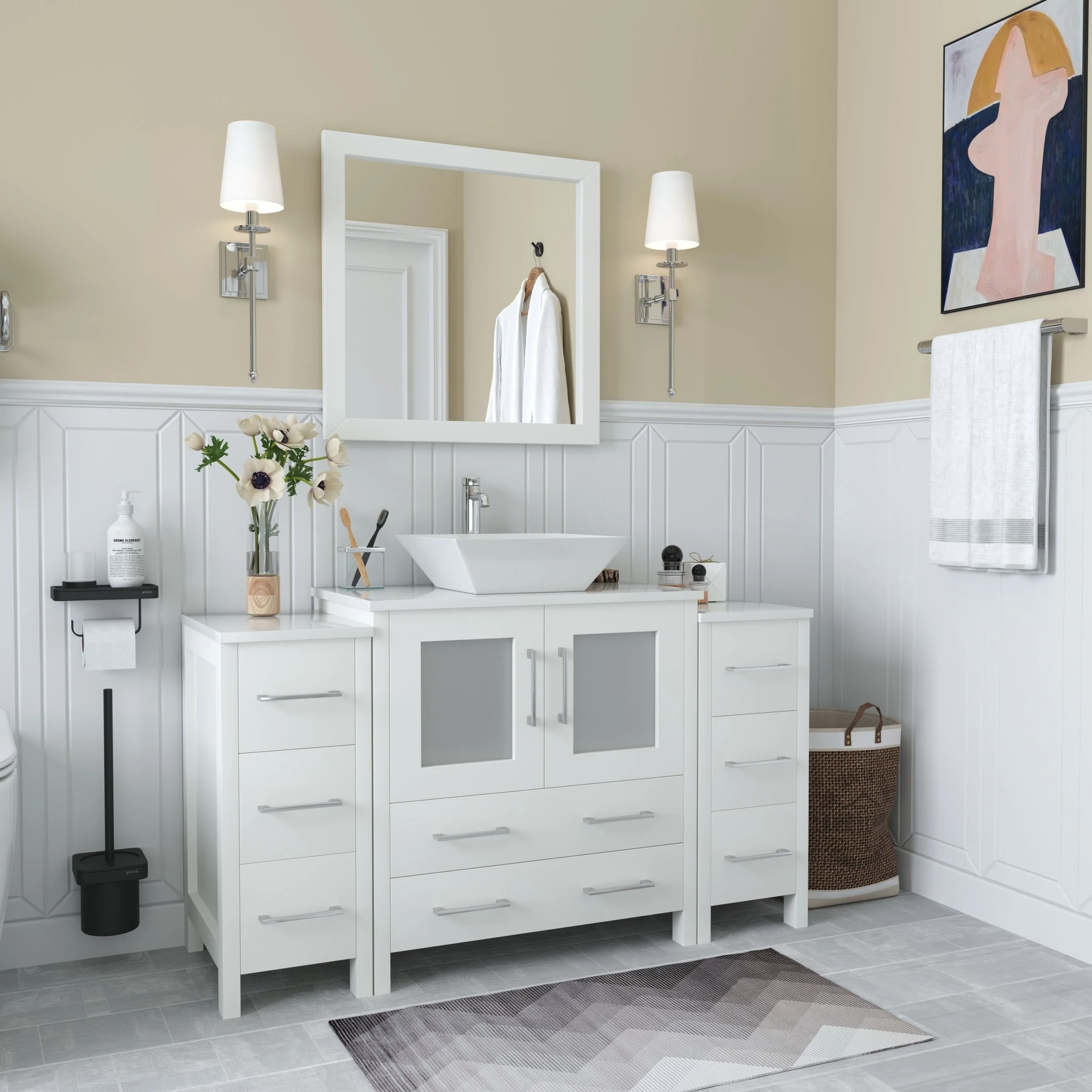 Vanity Art 54-inch Single Sink Bathroom Vanity Set with Engineered Marble Top and Free Mirror - 54 x 18.5 x 36 Inches