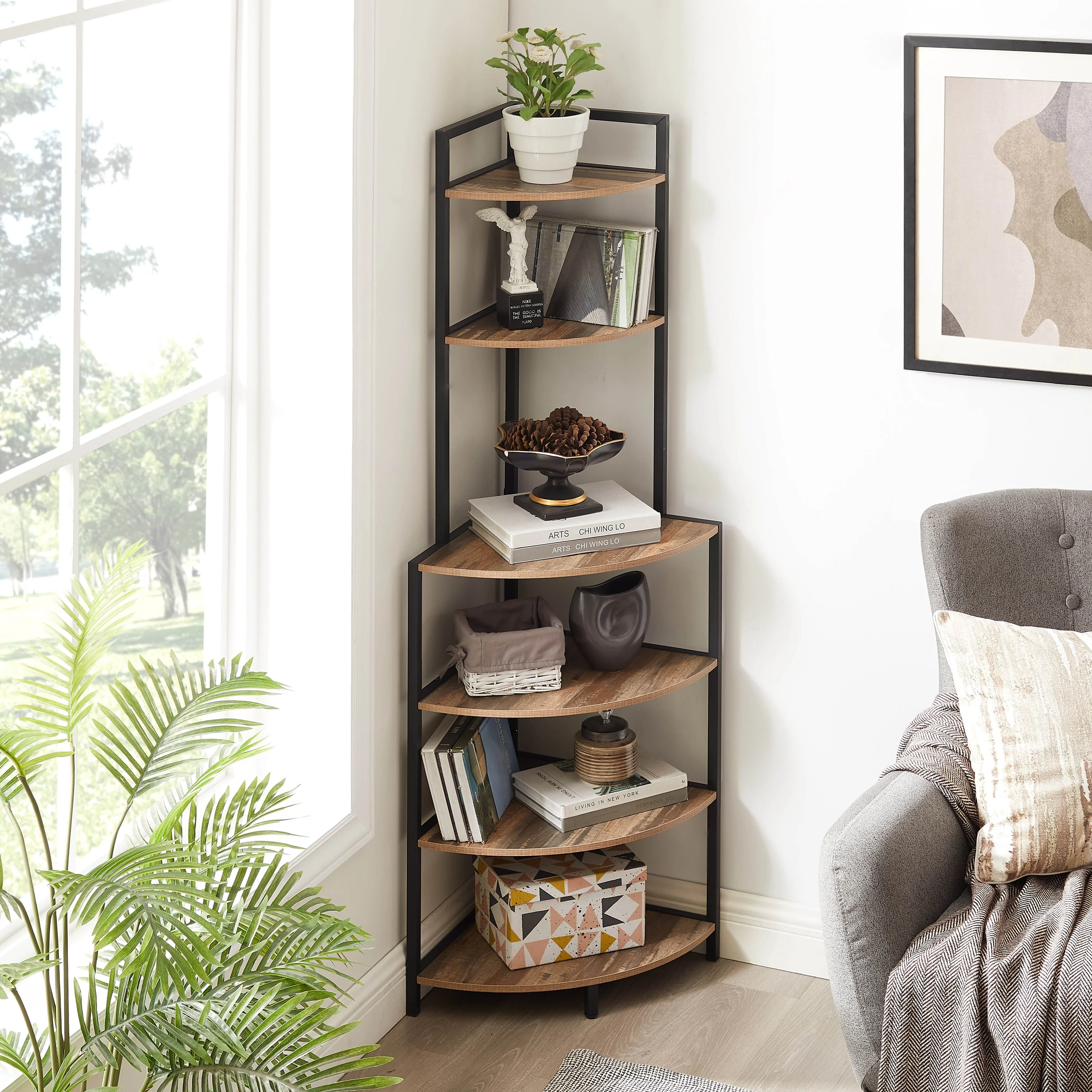 Modern Corner 6-Tier Open Shelf Wood Bookcase