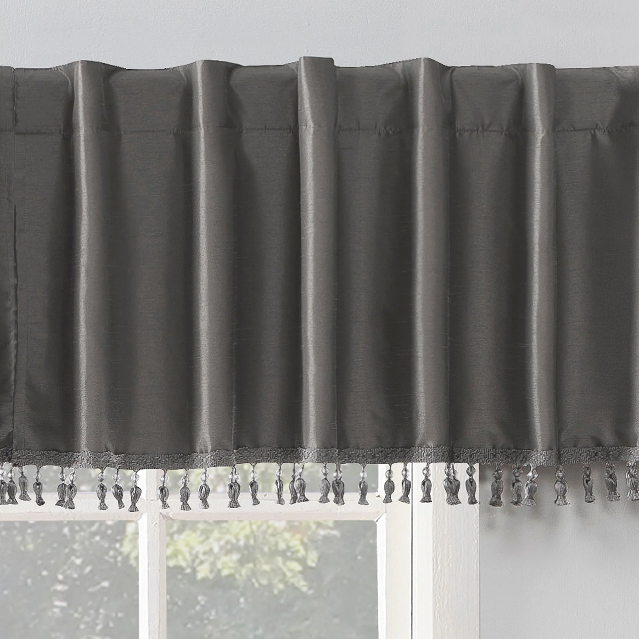 Sun Zero Evelina Faux Dupioni Silk Beaded Tassels Thermal Extreme Total Blackout Back Tab Curtain Valance