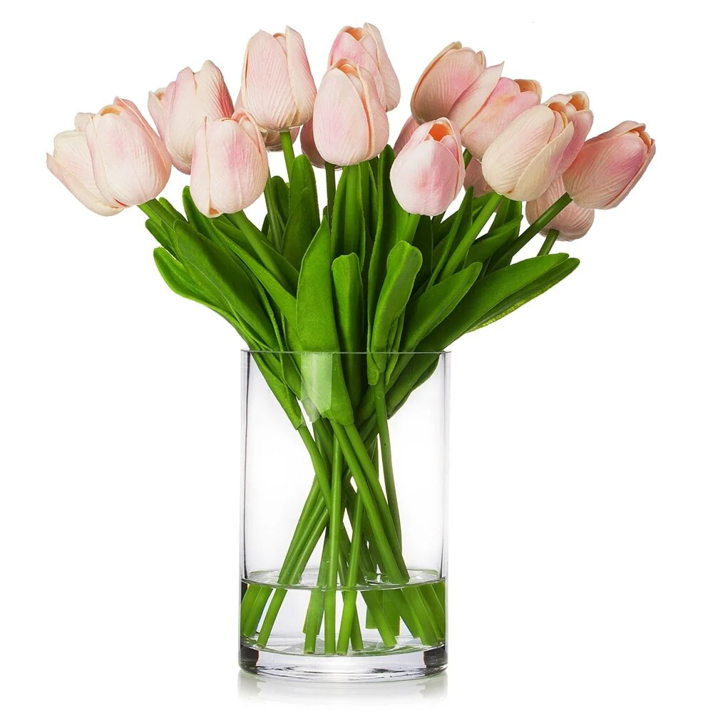 Enova Home 20 Pieces Artificial Real Touch Tulips Fake Silk Flowers Arrangement in Glass Vase with Faux Water for Home Decor