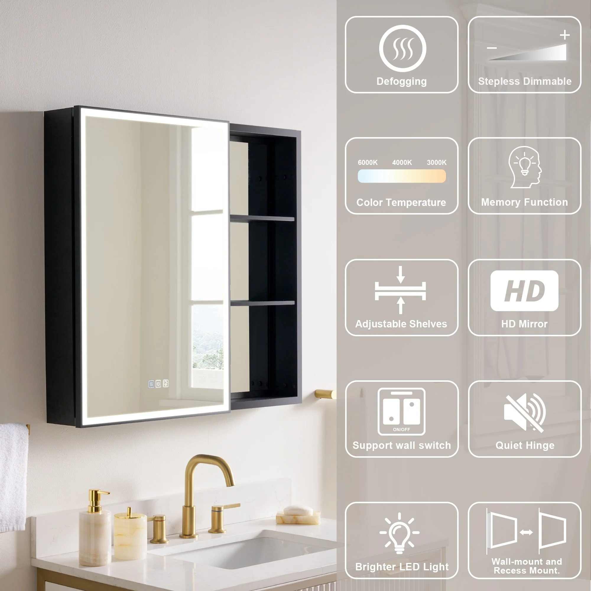 30 in. H Recessed or Surface Wall Mounted LED Mirror Cabinet With Black Side Cabinet