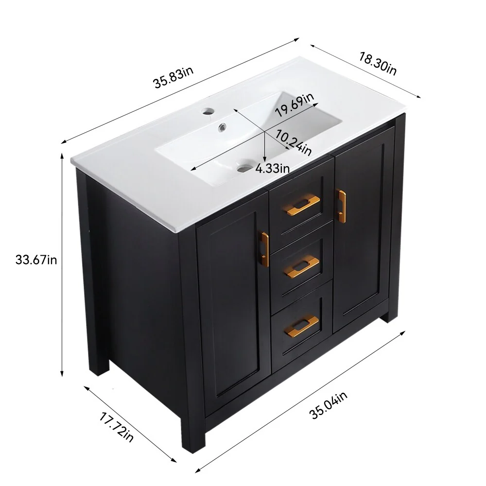 Bathroom Vanity with Single Sink, Wood Storage Cabinet with 2 Soft Closing Doors, Freestanding Vanity Cabinet with 3 Drawers