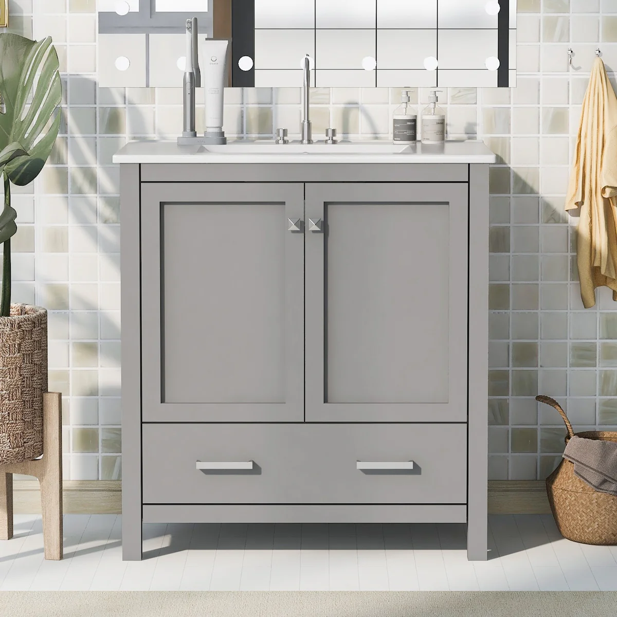 Bathroom Vanity with Single Sink, 2 Soft Closing Doors and 1 Drawer