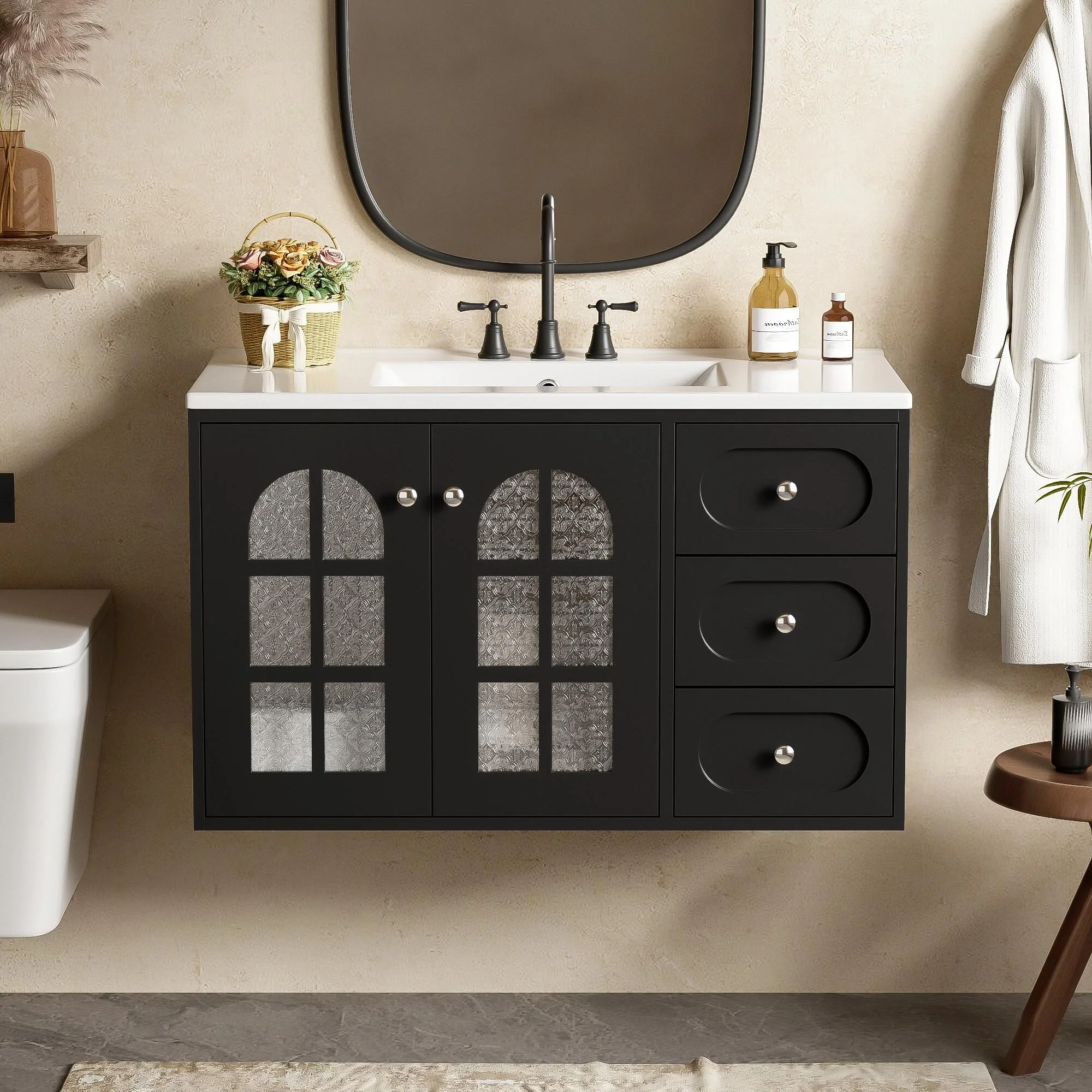 GDFStudio 36 Inch Floating Bathroom Vanity with Ceramic Sink, Wall Mounted Bathroom Cabinet with 3 Drawers