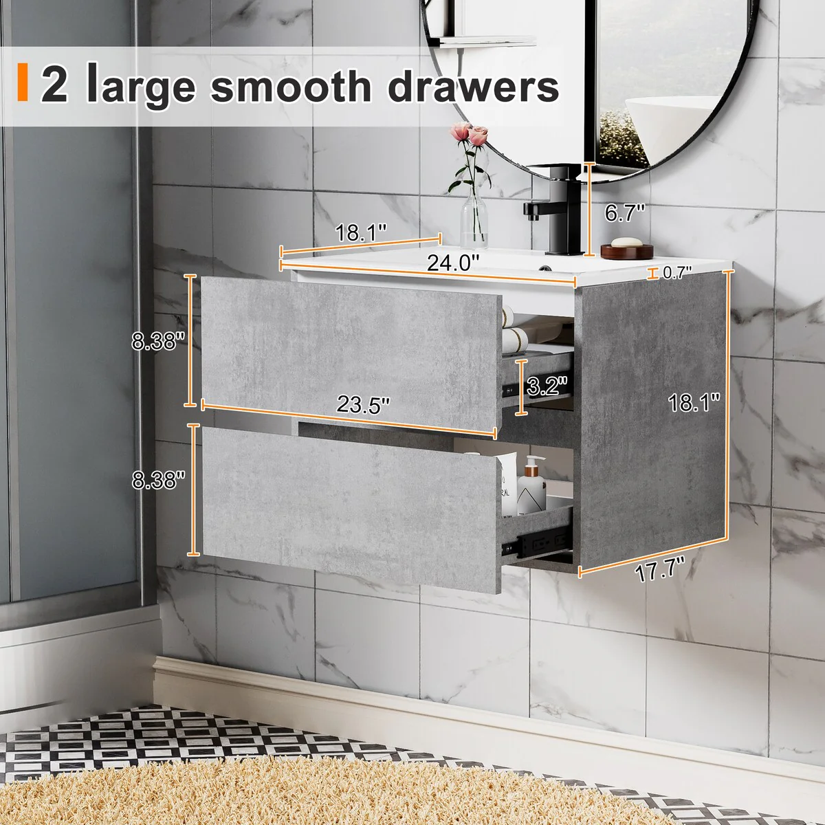 Wall Mounted Bathroom Vanity Sink Combo Cabinet Vanity Set Beveled Invisible Handles