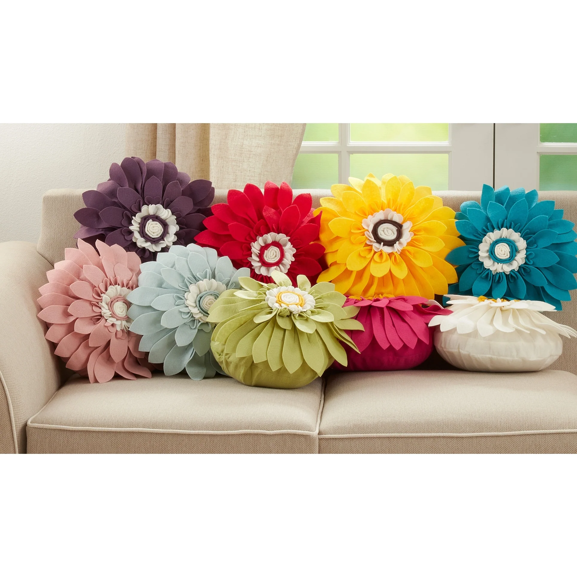Felt Flower Design Poly-Filled Throw Pillow