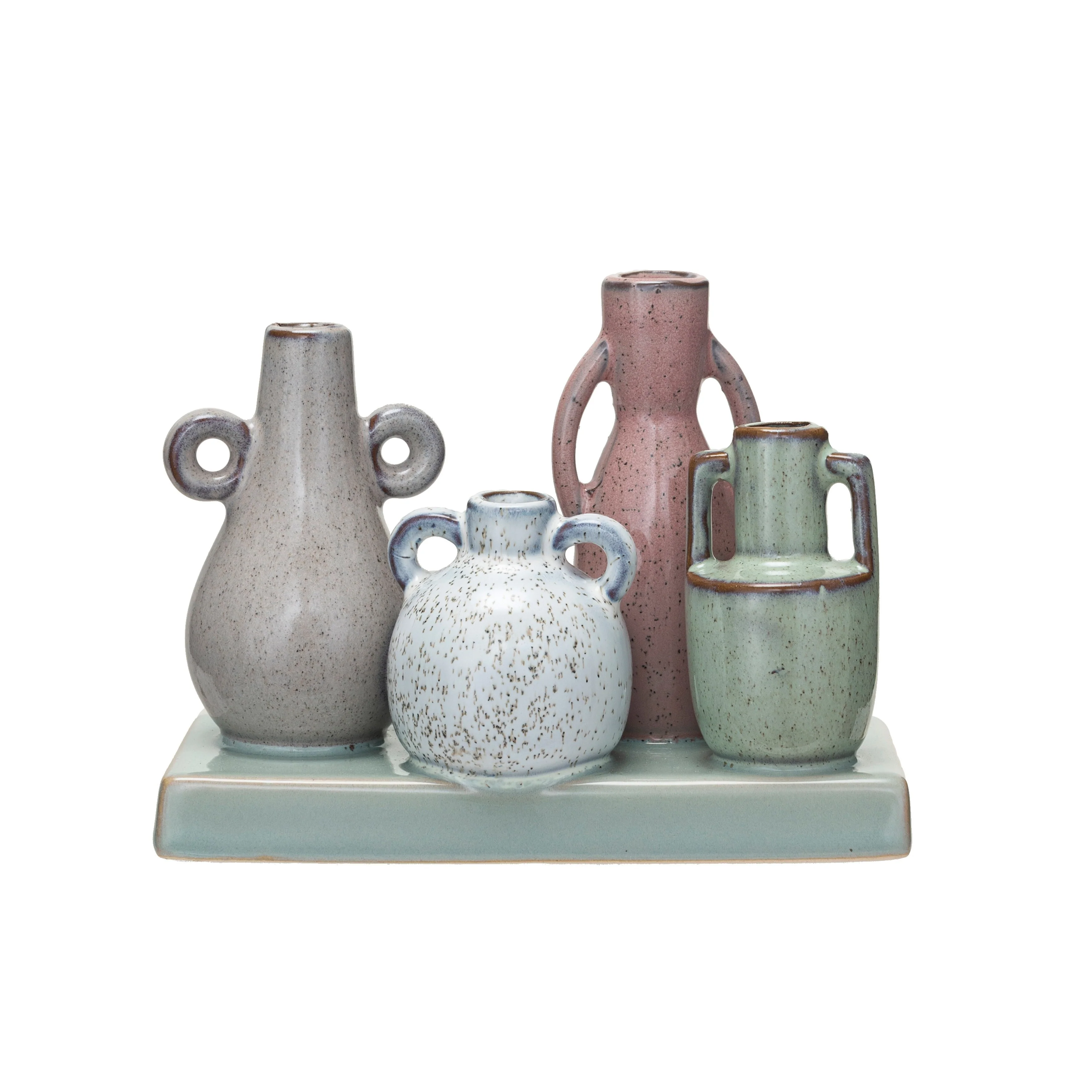 Stoneware Mounted Vases with Reactive Glaze, Set of 4