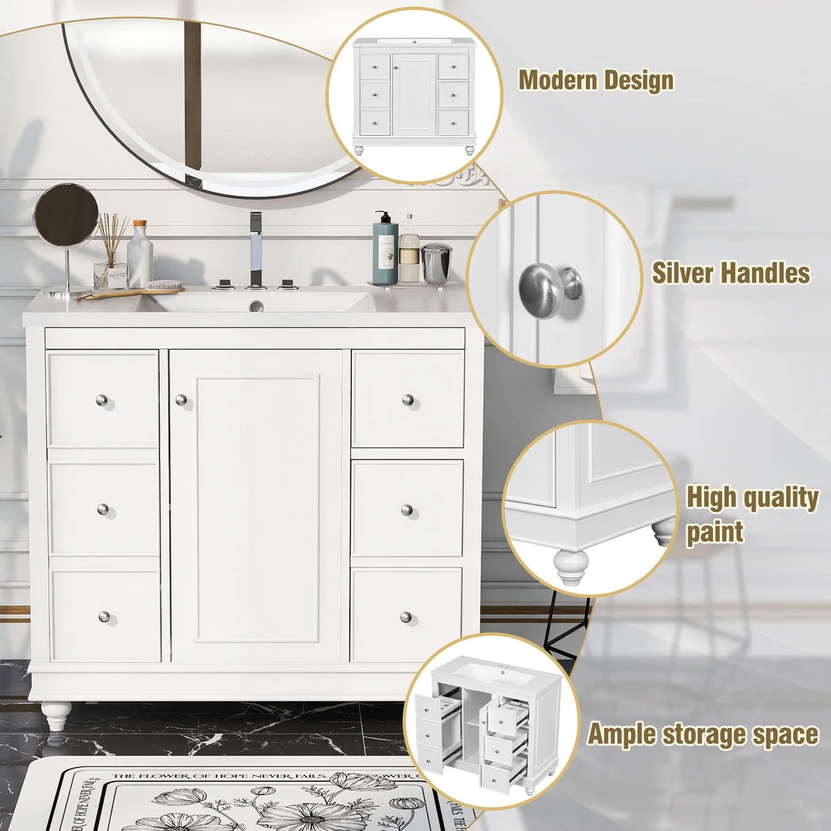 36 in. W Freestanding Bath Vanity with White Resin Sink,4 Drawers and 1 Door