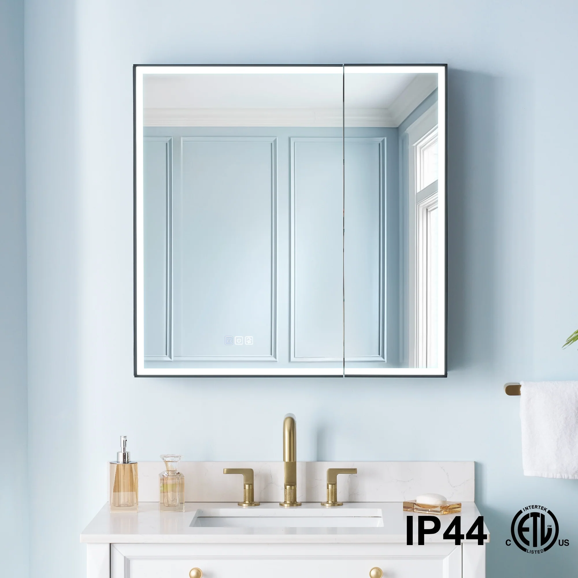 30'' H Recessed Or Surface Wall Mounted LED Mirror Cabinet With Mirror And Adjustable Shelves,Black Frame