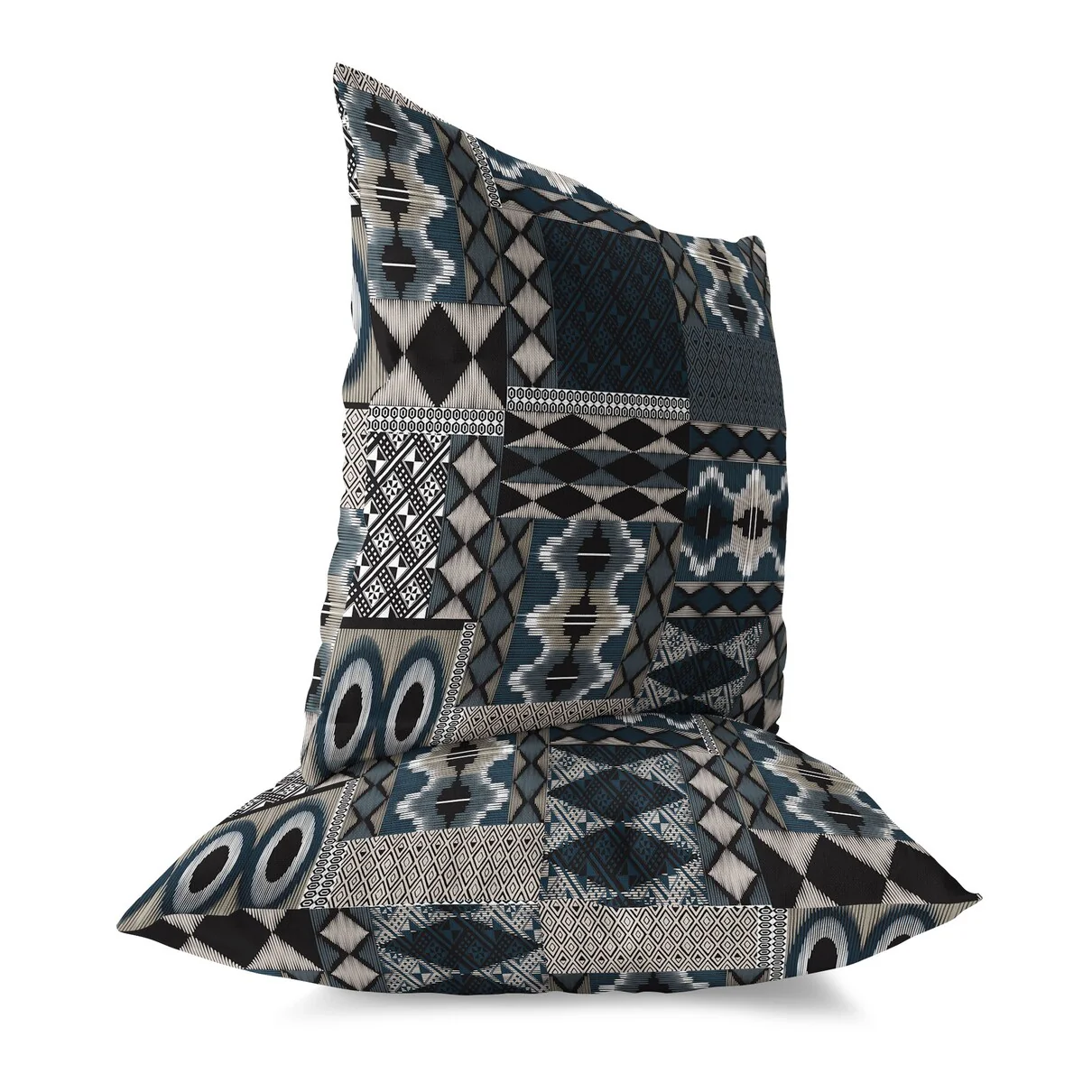 Beige And Charcoal Patched Perfection Indoor/Outdoor Throw Pillow Zipper