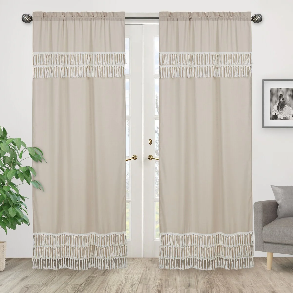 Boho Fringe 84in Window Treatment Curtain Panel Pair - Neutral Tan Taupe Linen for Bohemian Woodland Farmhouse Botanical Leaf
