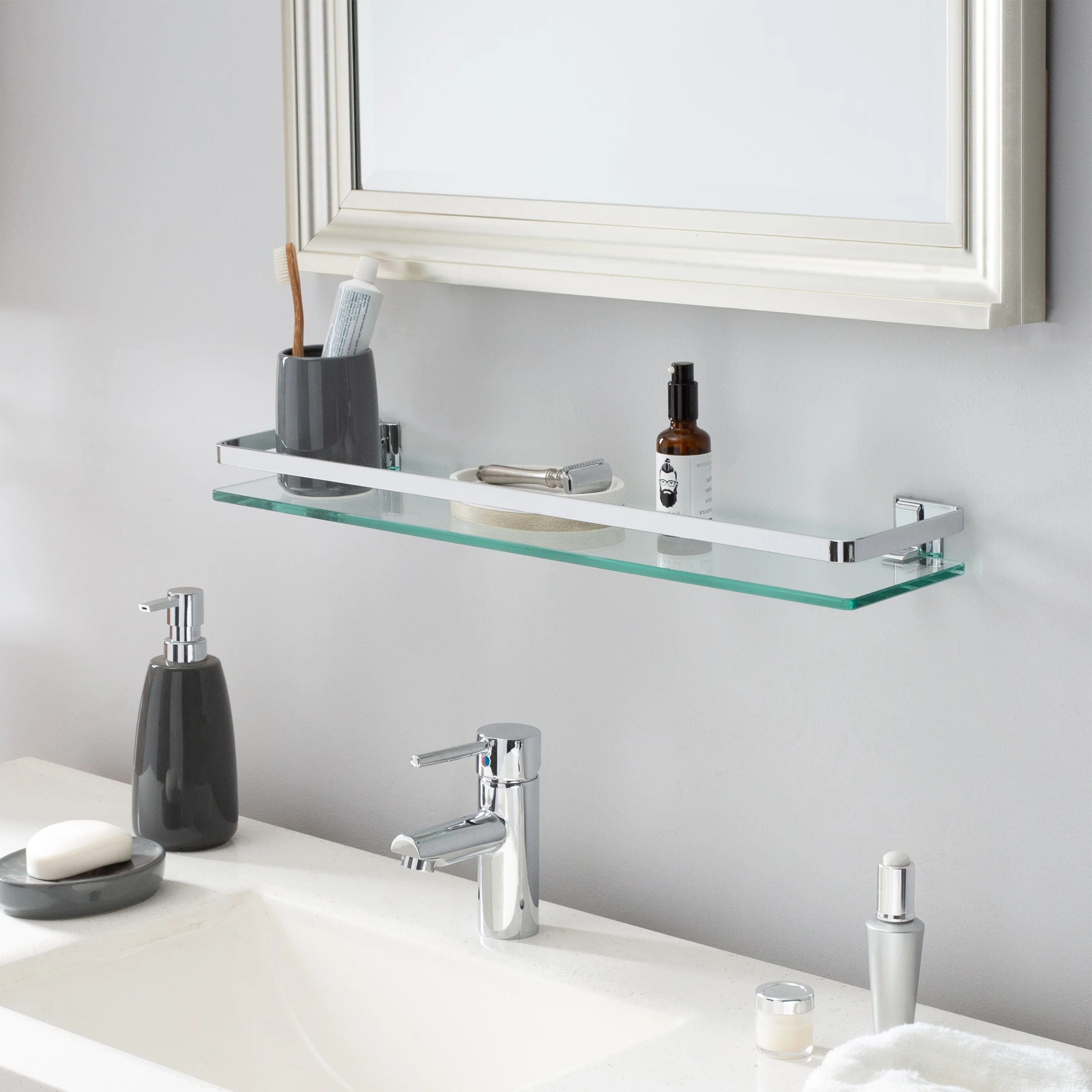 Organize It All Wall Mounted Glass Shelf with Chrome Rail - 23.5x5.5x2