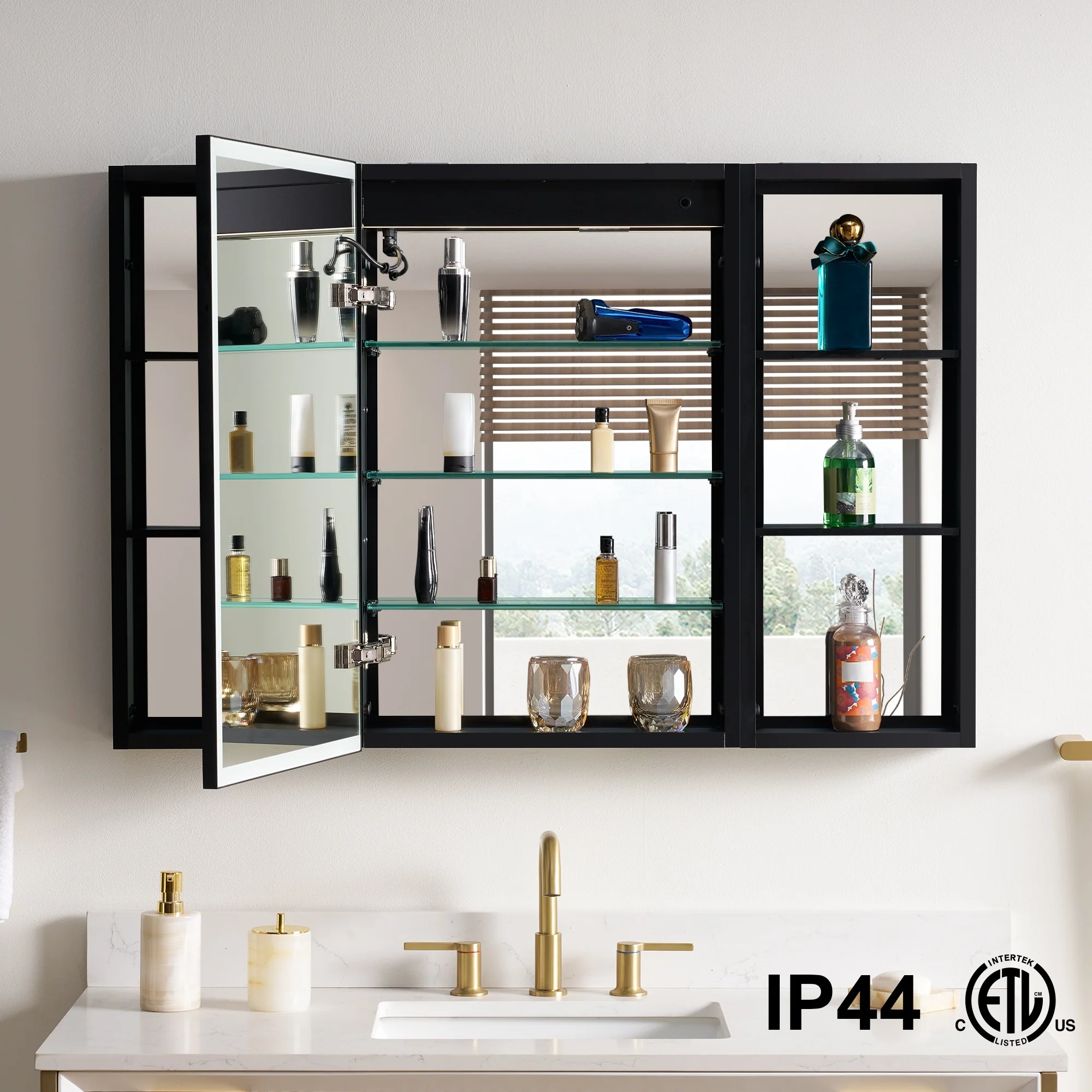 30 in. H Recessed or Surface Wall Mounted LED Mirror Cabinet With Black Side Cabinet