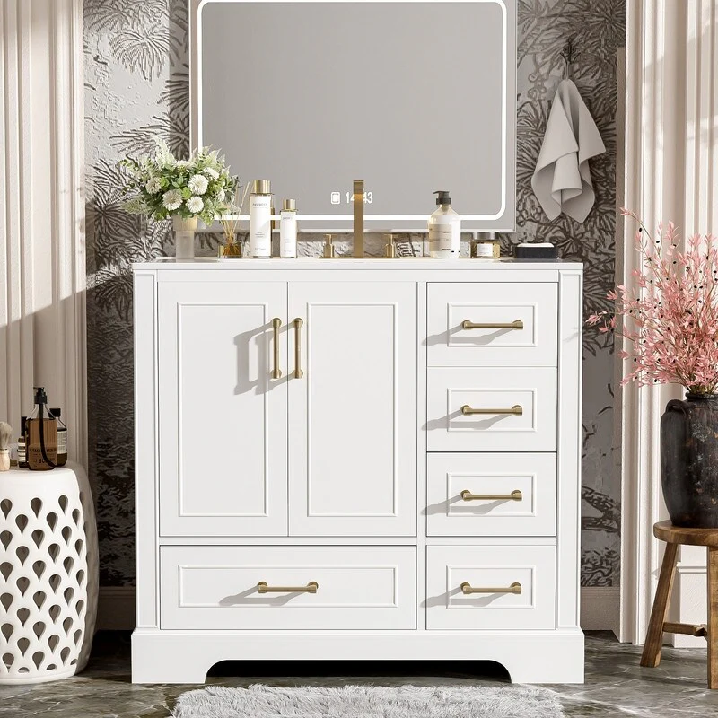 36-Inch Classic Bath Vanity Set – Ceramic Vessel Sink, Blue Two-Door Cabinet with Soft-Close Hinges & Four Storage Drawers