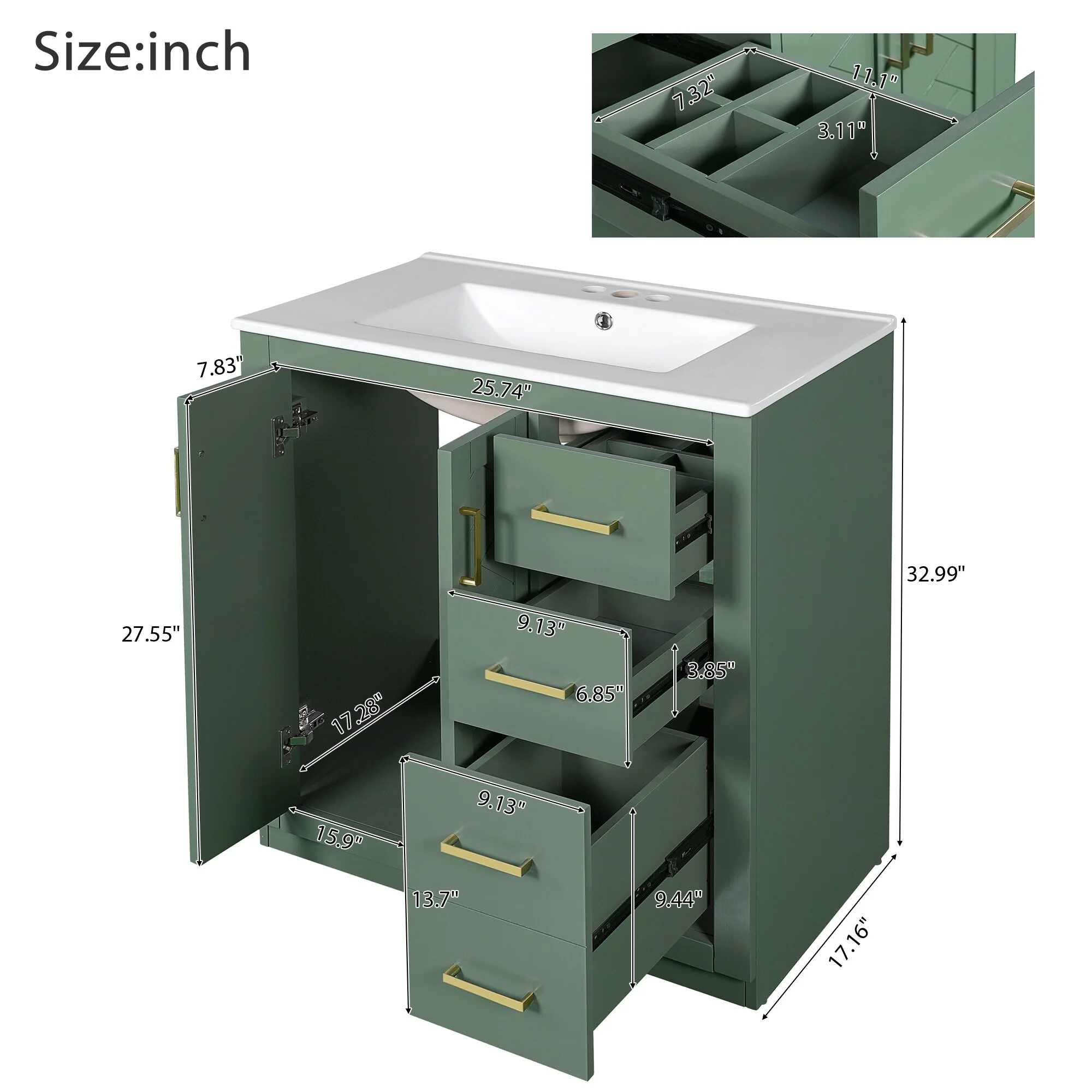 30'' Bathroom Vanity with Ceramic Sink Combo, Bathroom Storage Cabinet Vanity Set with 3 Drawers& Soft Closing Doors