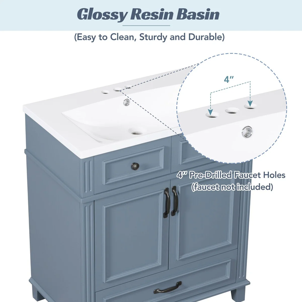 30'' Bathroom Vanity with Resin Sink,Solid Wood Frame Bathroom Storage Cabinet with Soft Closing Doors,Retro Style, Blue