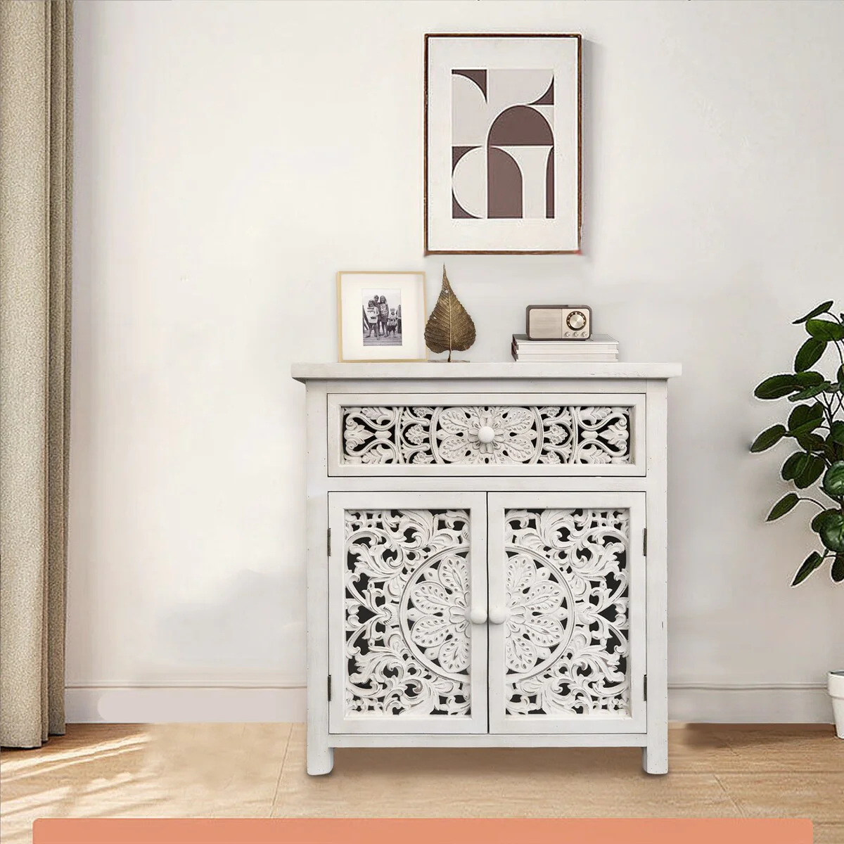 Rustic Hollow-Carved Wood Storage Cabinet with 1 Drawer and 2 Doors, Antique White, 31