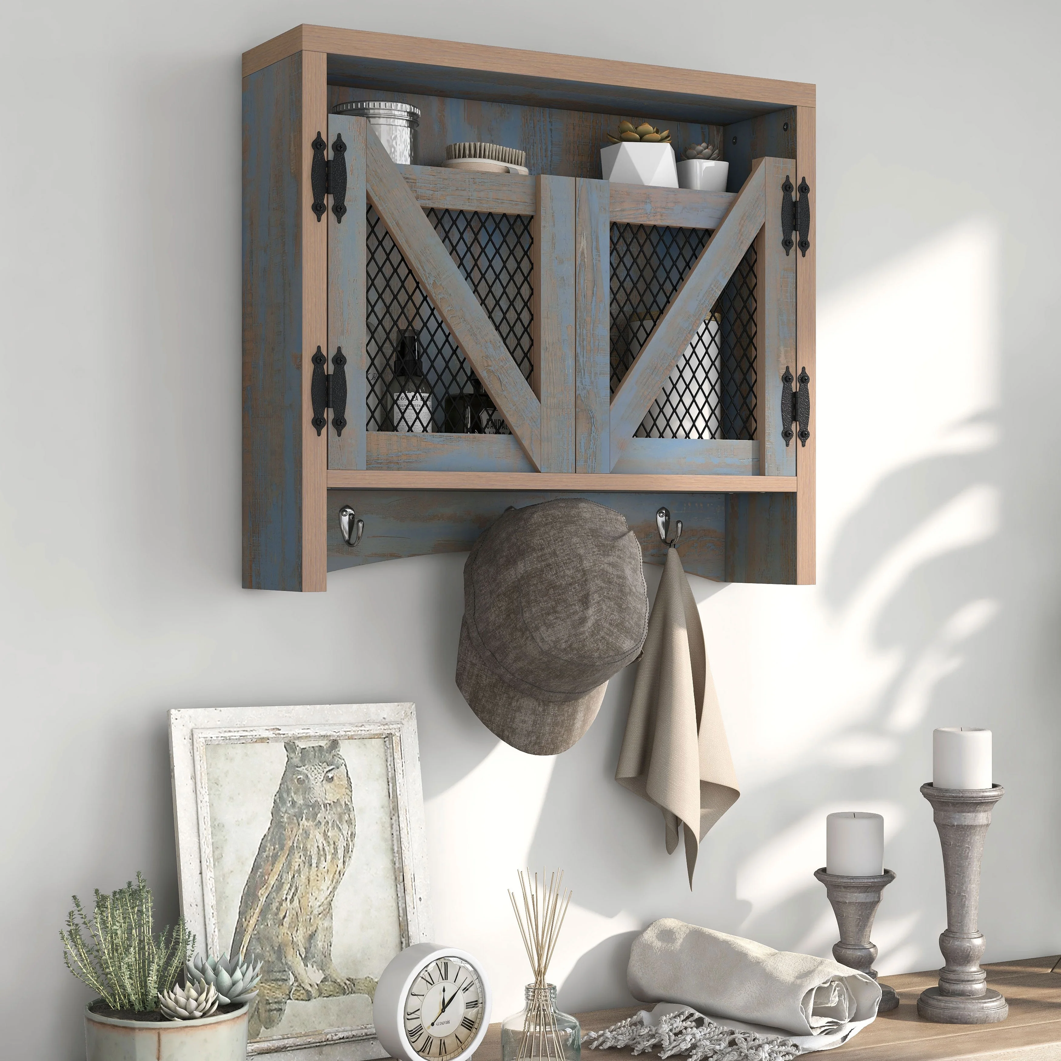 DH BASIC Farmhouse Blue Entryway Wall Organizer with Hooks by Denhour