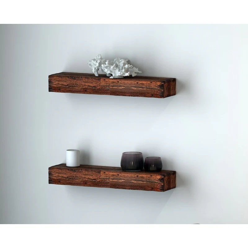 Distressed Acacia Wood Floating Wall Shelves (Set of 2)