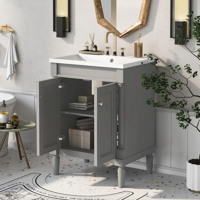 24'' Bathroom Vanity with Top Sink: Modern 2-Tier Storage Cabinet, Single Sink, Large Shelves