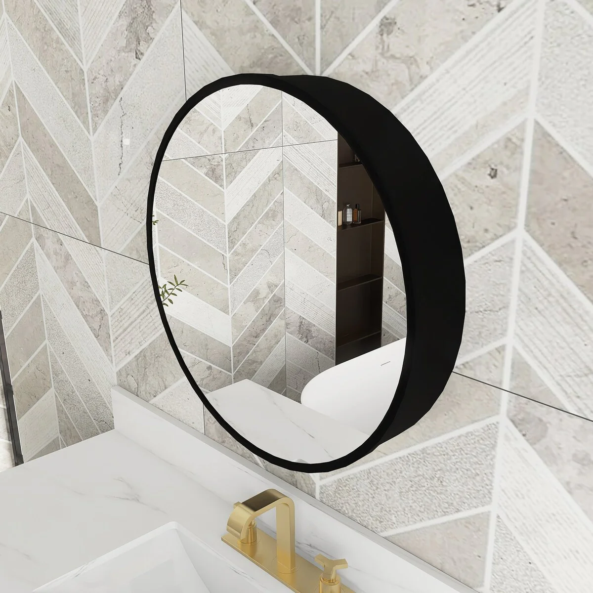 24/30 inch Round Surface Mount Medicine Cabinet with Mirror and Shelves