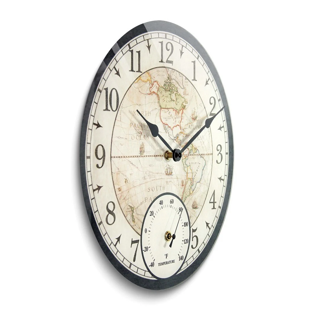 Curata Black Indoor and Outdoor World Map Quartz Wall Clock with Thermometer