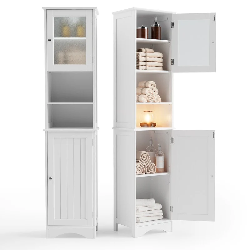 Freestanding Narrow Tall Bathroom Storage Cabinet with Adjustable Shelves, Door and Open Shelves