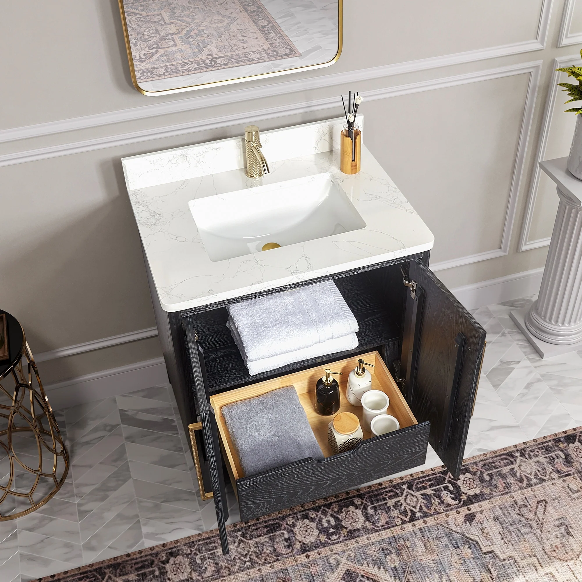 Gara Single Bath Vanity with Composite Stone Top and Mirror