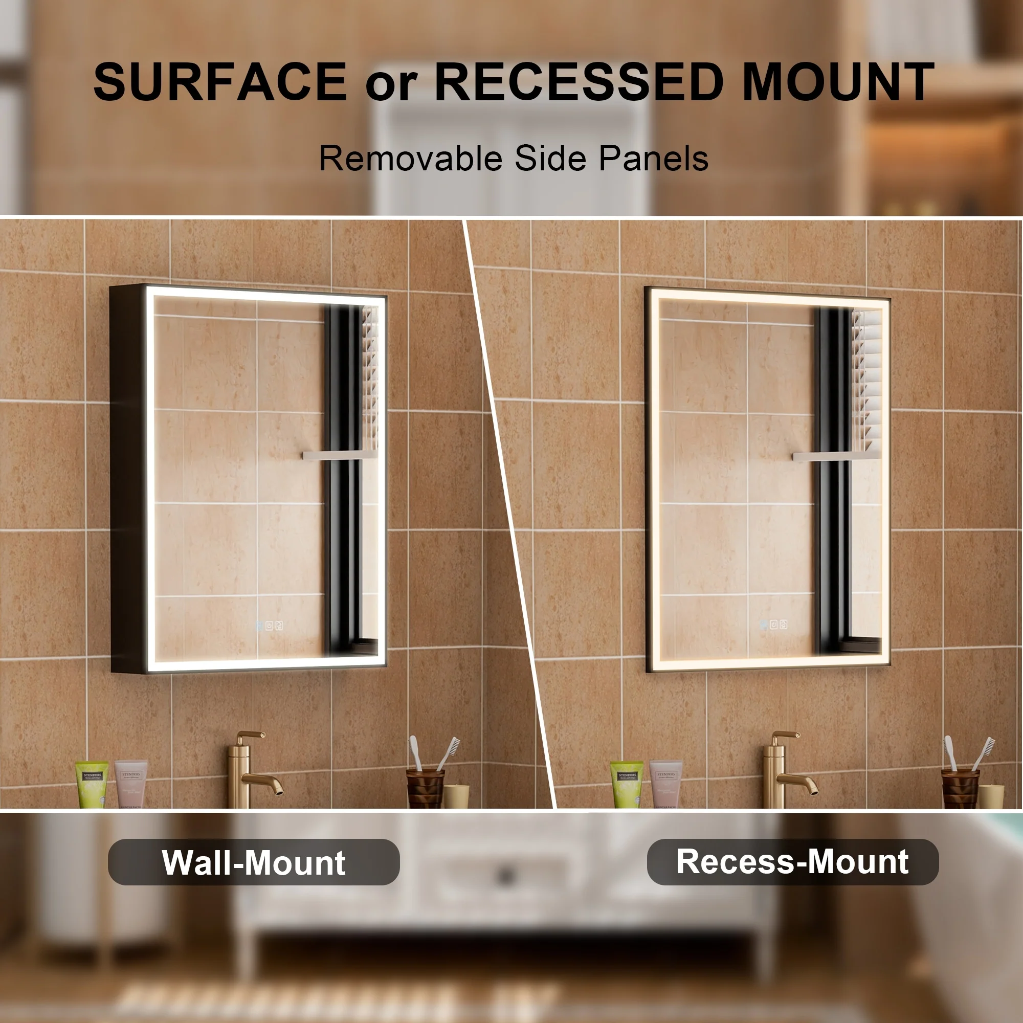 30'' H Recessed Or Surface Wall Mounted LED Mirror Cabinet With Mirror And Adjustable Shelves,Black Frame