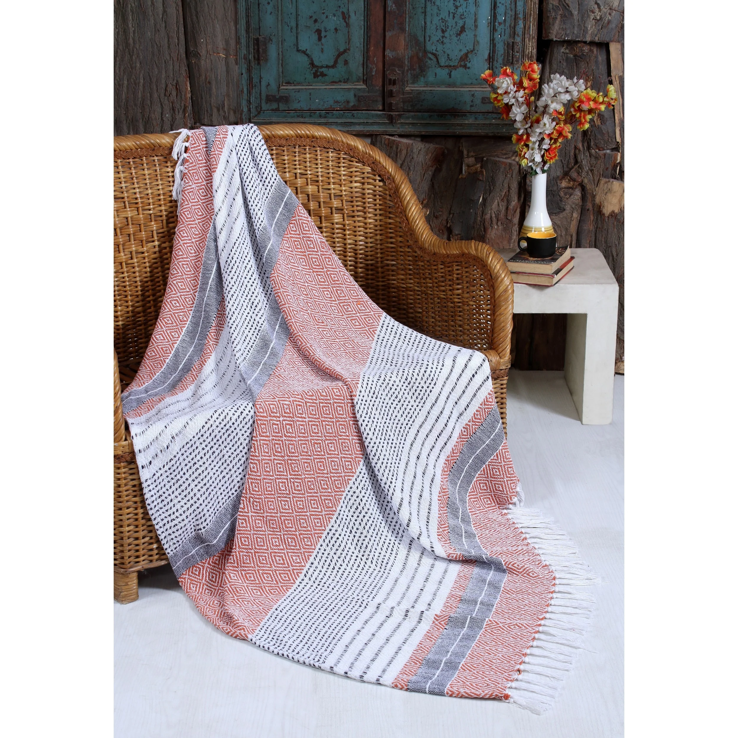 Cotton Handwoven Couch Sofa Bed Throw Blanket - Medium Weight All Season 50''x60'' with Tassels