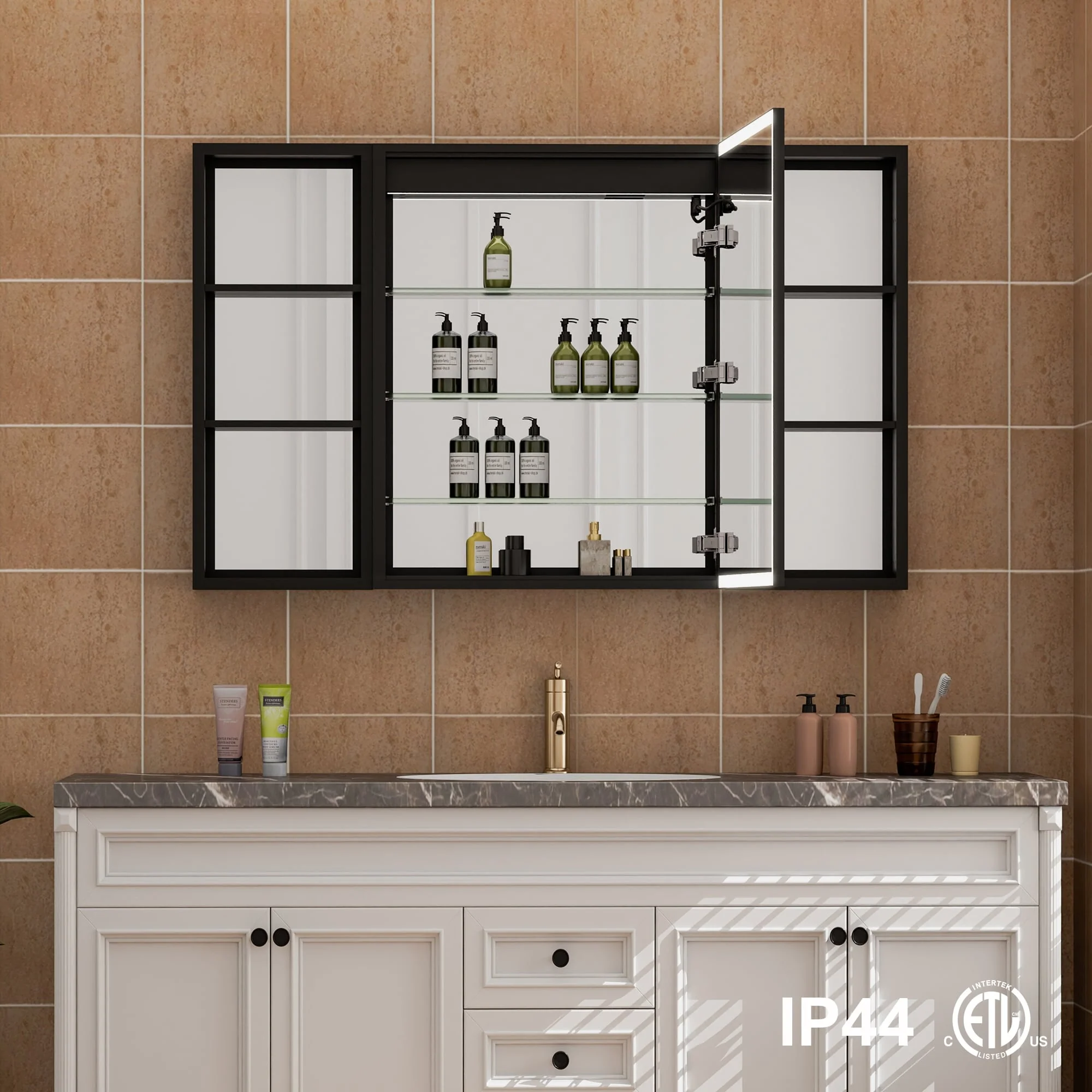 30 in. H Recessed or Surface Wall Mounted LED Mirror Cabinet With Black Side Cabinet