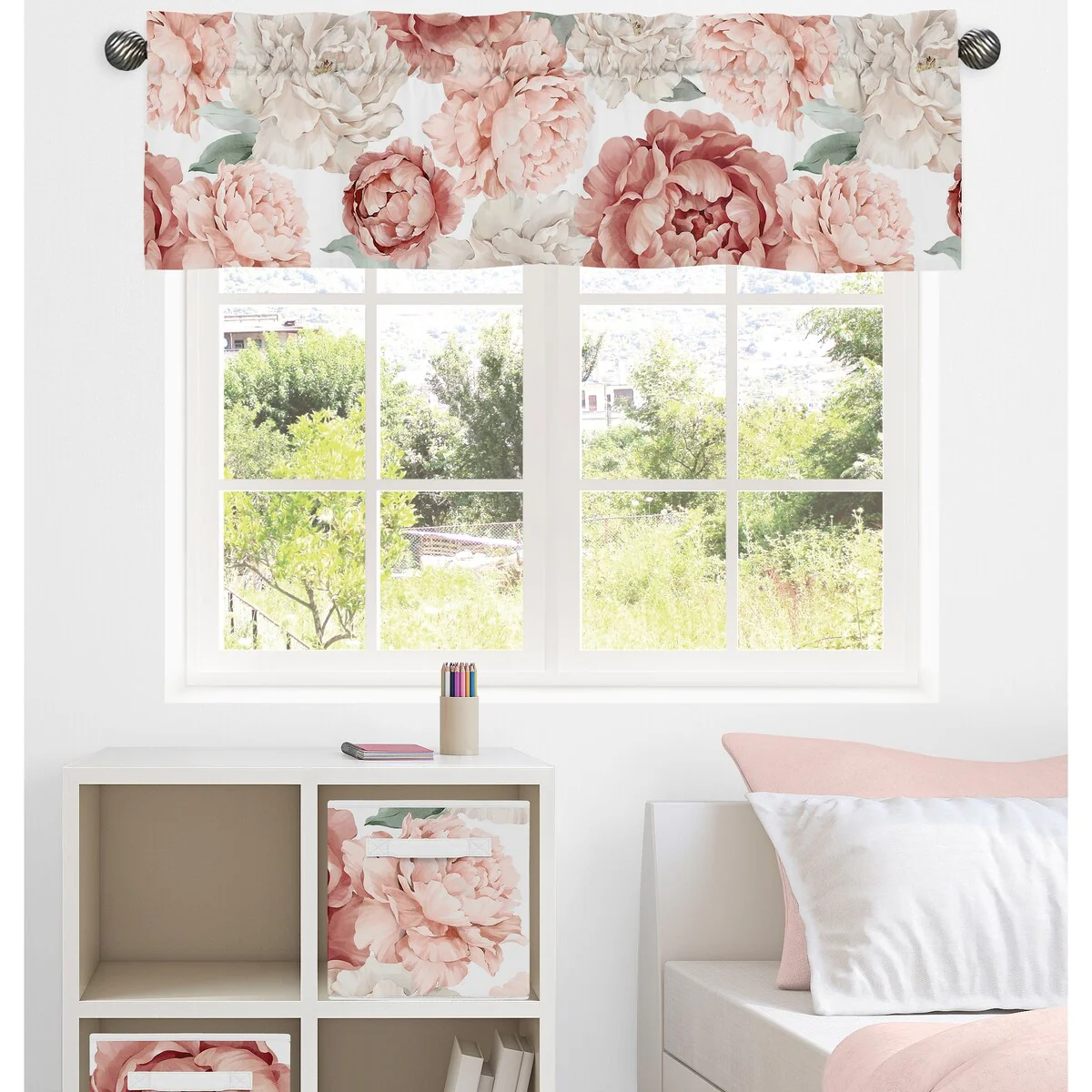 Boho Shabby Chic Floral Girl Window Curtain Valance Ivory Bohemian Vintage Garden Watercolor Flower Nature Elegant Dusty Rose