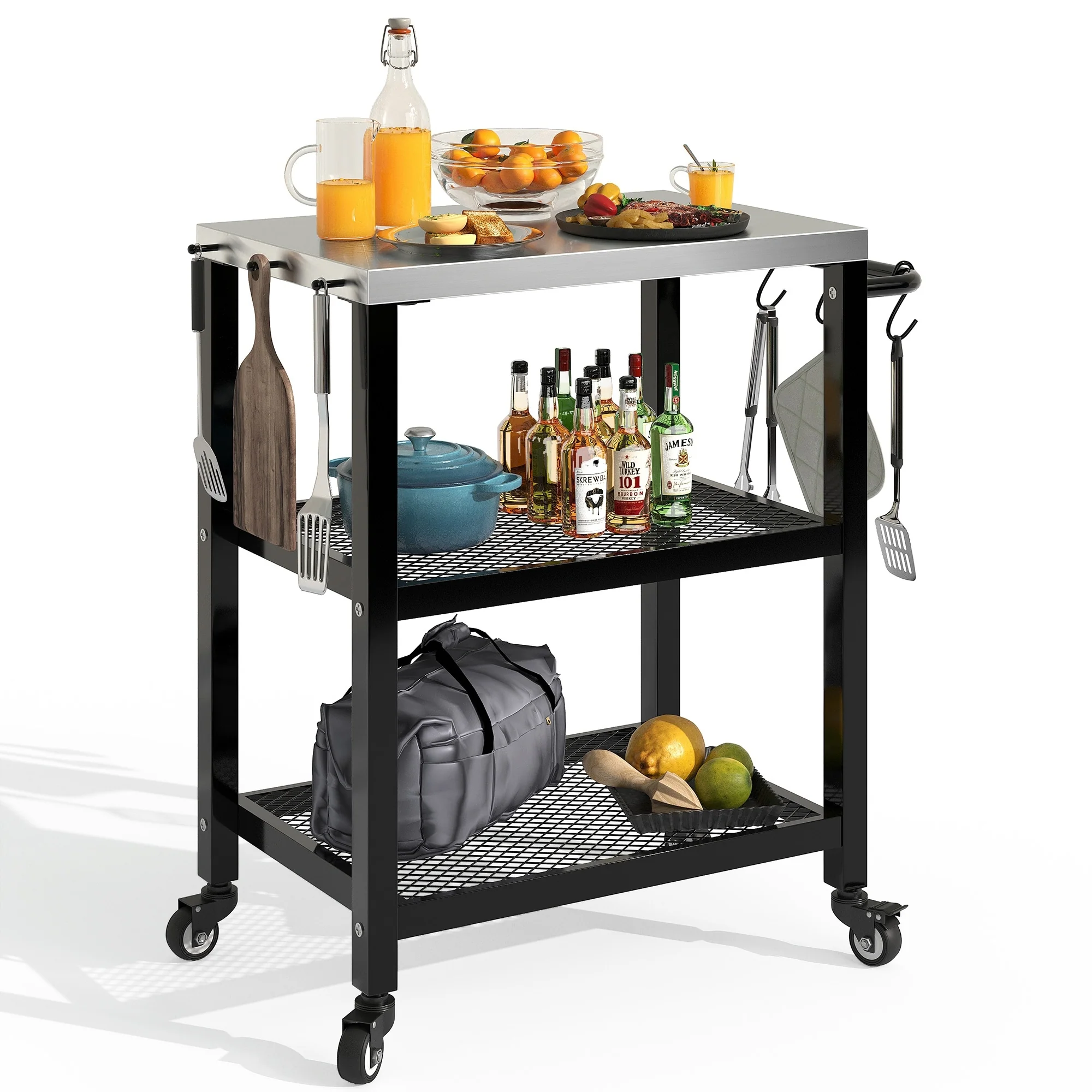 Moasis Outdoor Grill Cart Table Patio 3-Shelf Food Prep Table with Stainless Steel Flattop and Wheels