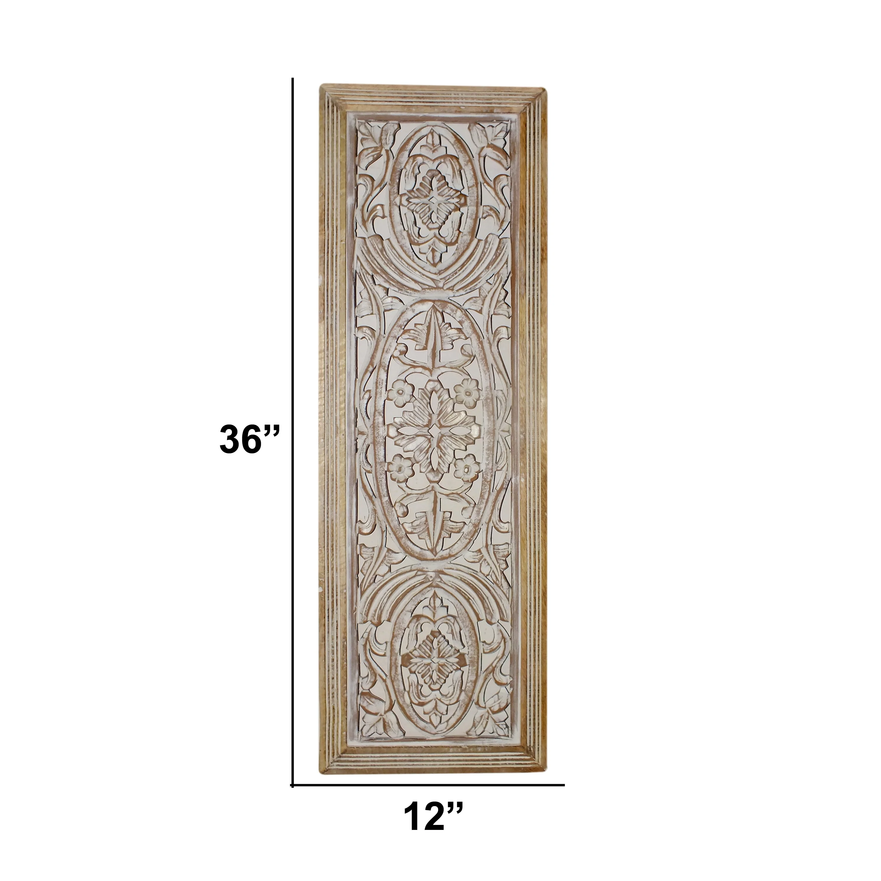 Rectangular Mango Wood Wall Panel Hand Crafted With Intricate Carving, White and Brown