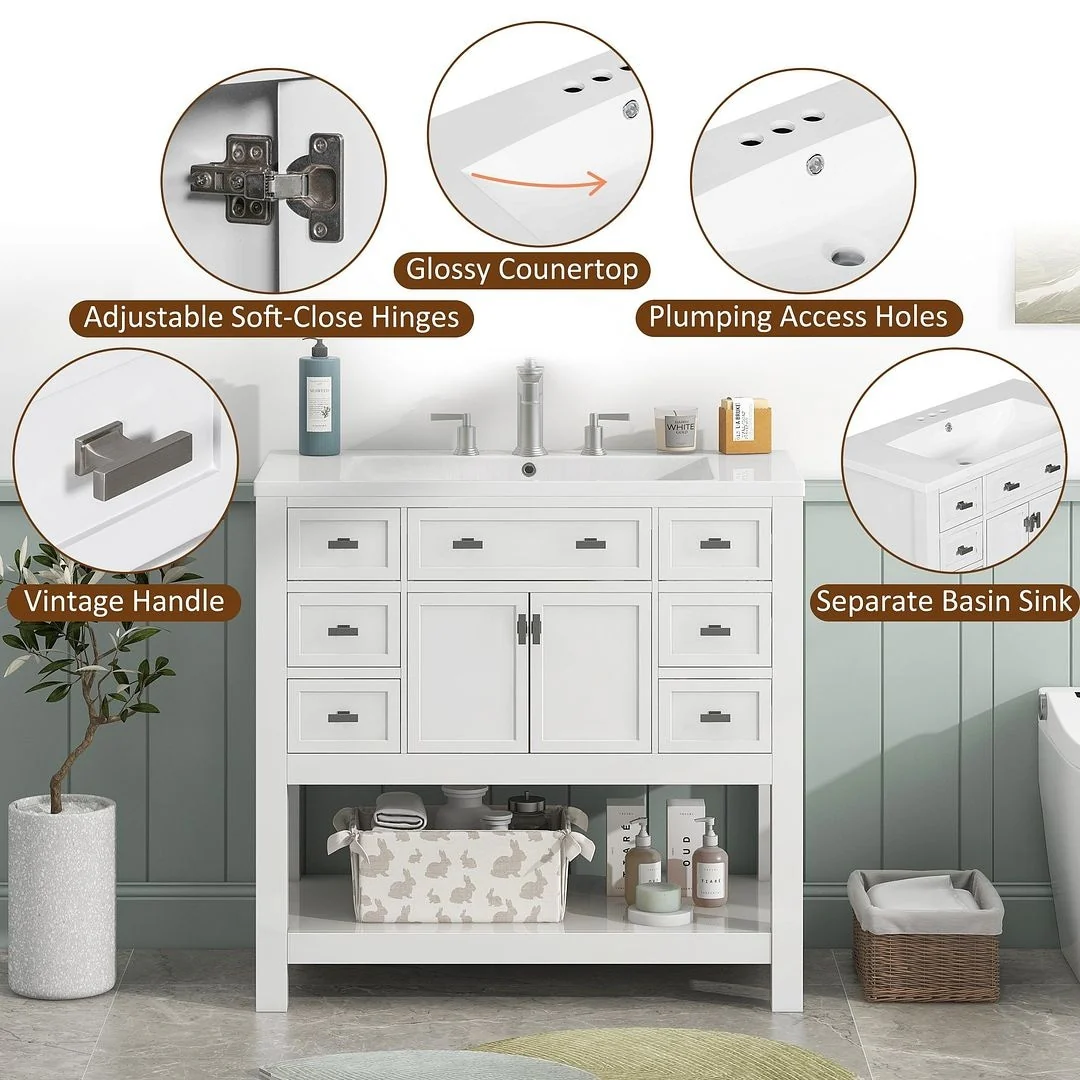 36'' Modern Bathroom Bathroom Vanity with Sink and 6 Drawers，2 Soft Closing Doors