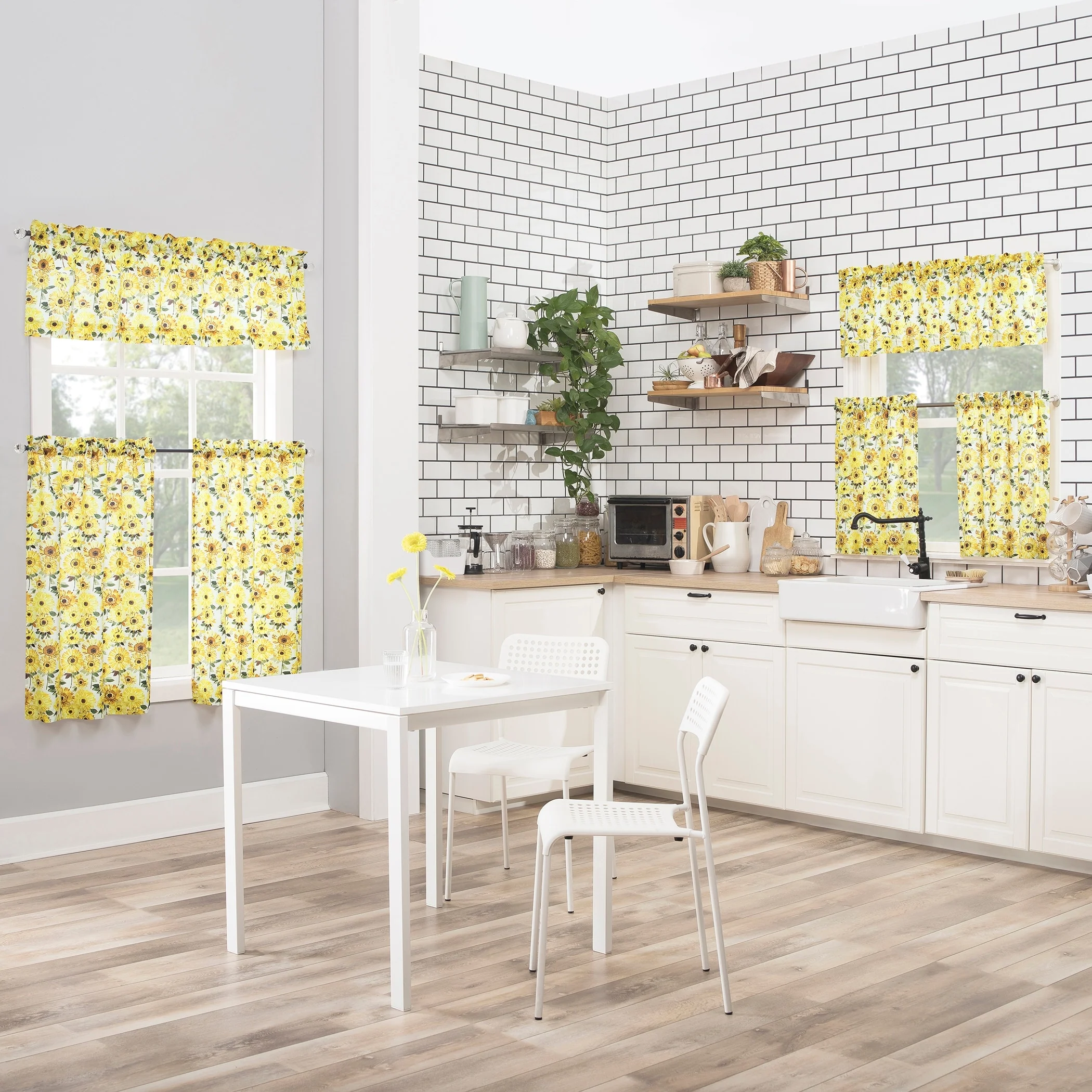 No. 918 Sunny Sunflower Print Semi-Sheer Rod Pocket Kitchen Curtain Valance and Tiers Set