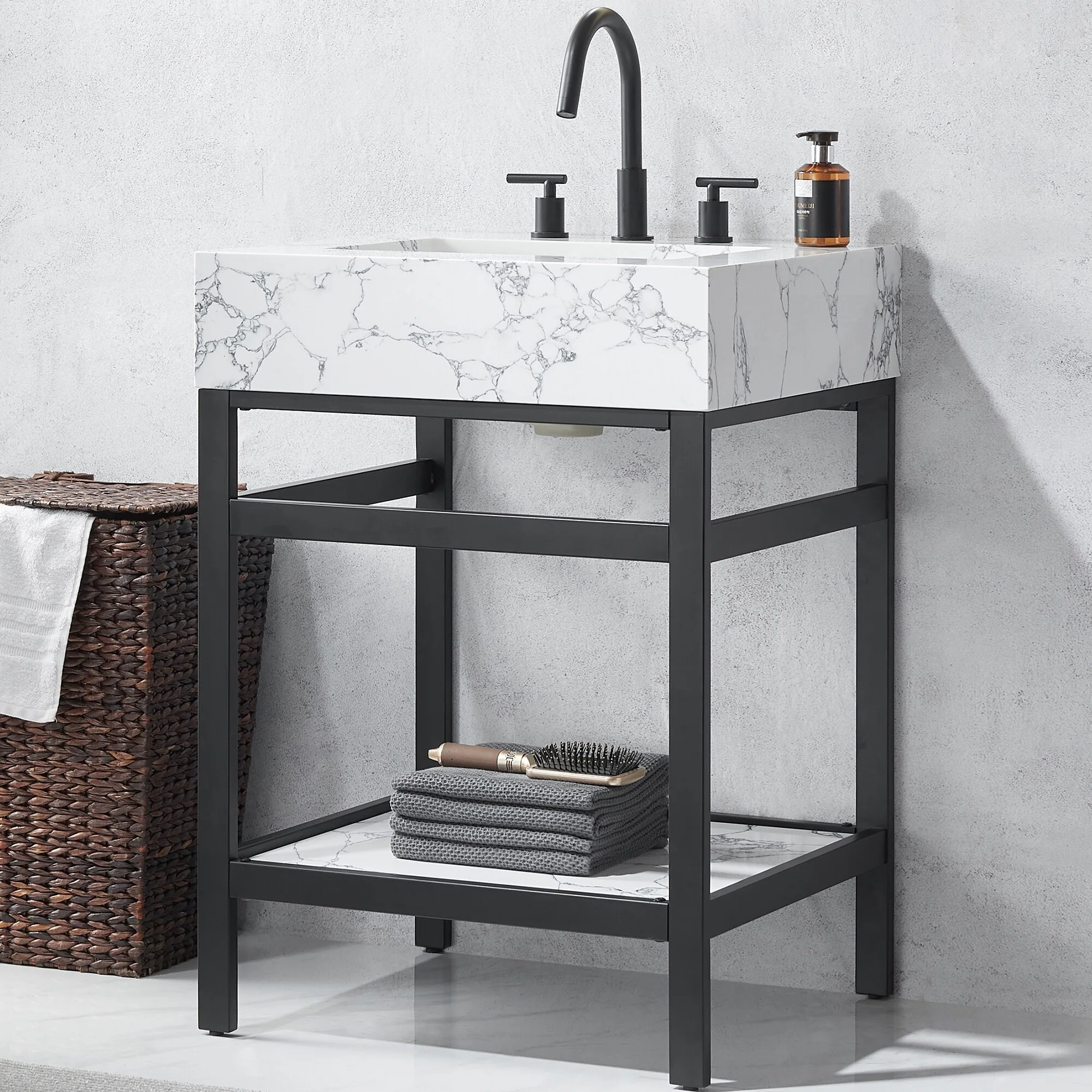 Ecija Bath Vanity, Metal Support with Composite Stone Top, no Mirror