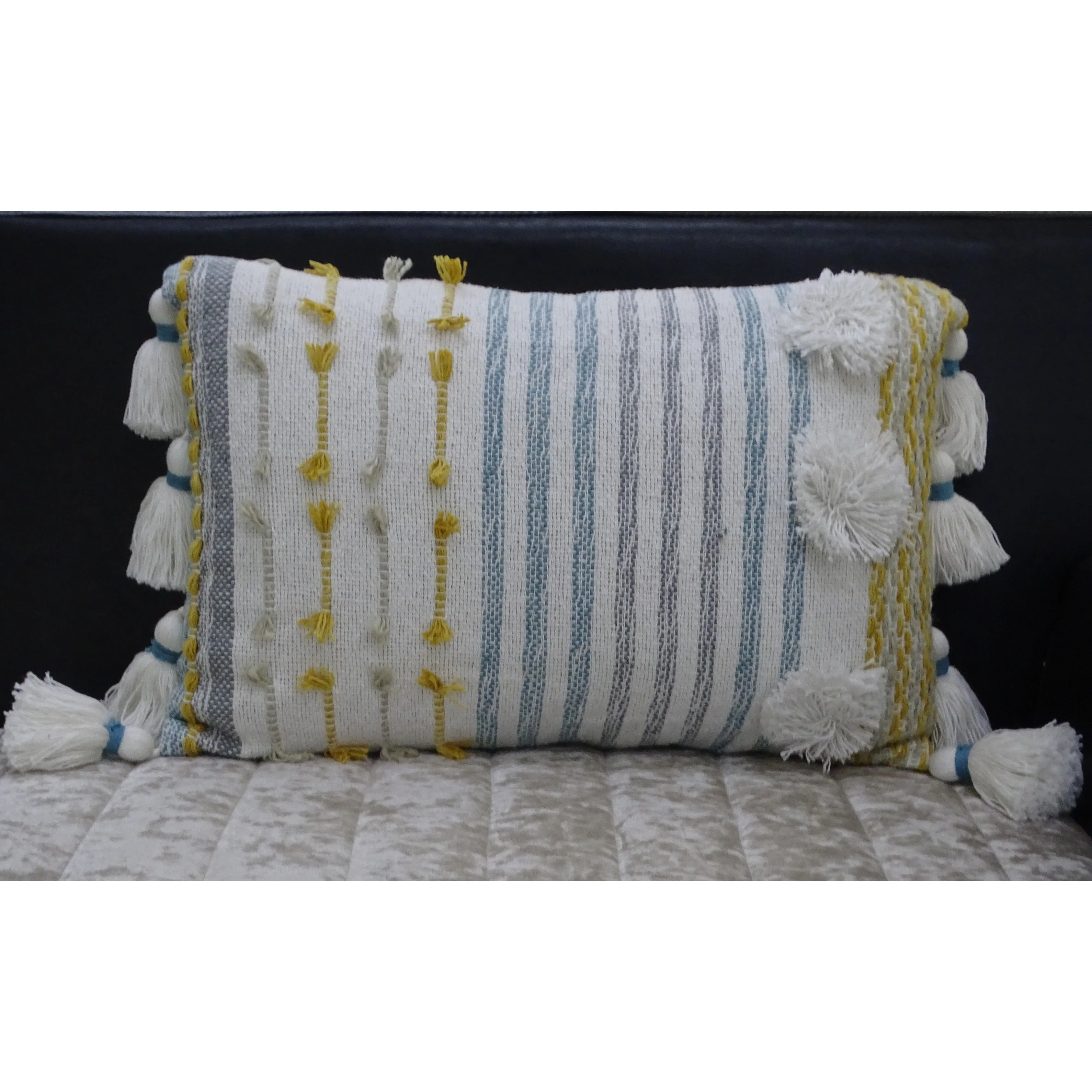 Vibhsa Designer Striped Pillow with Large Poms and Tassels 14