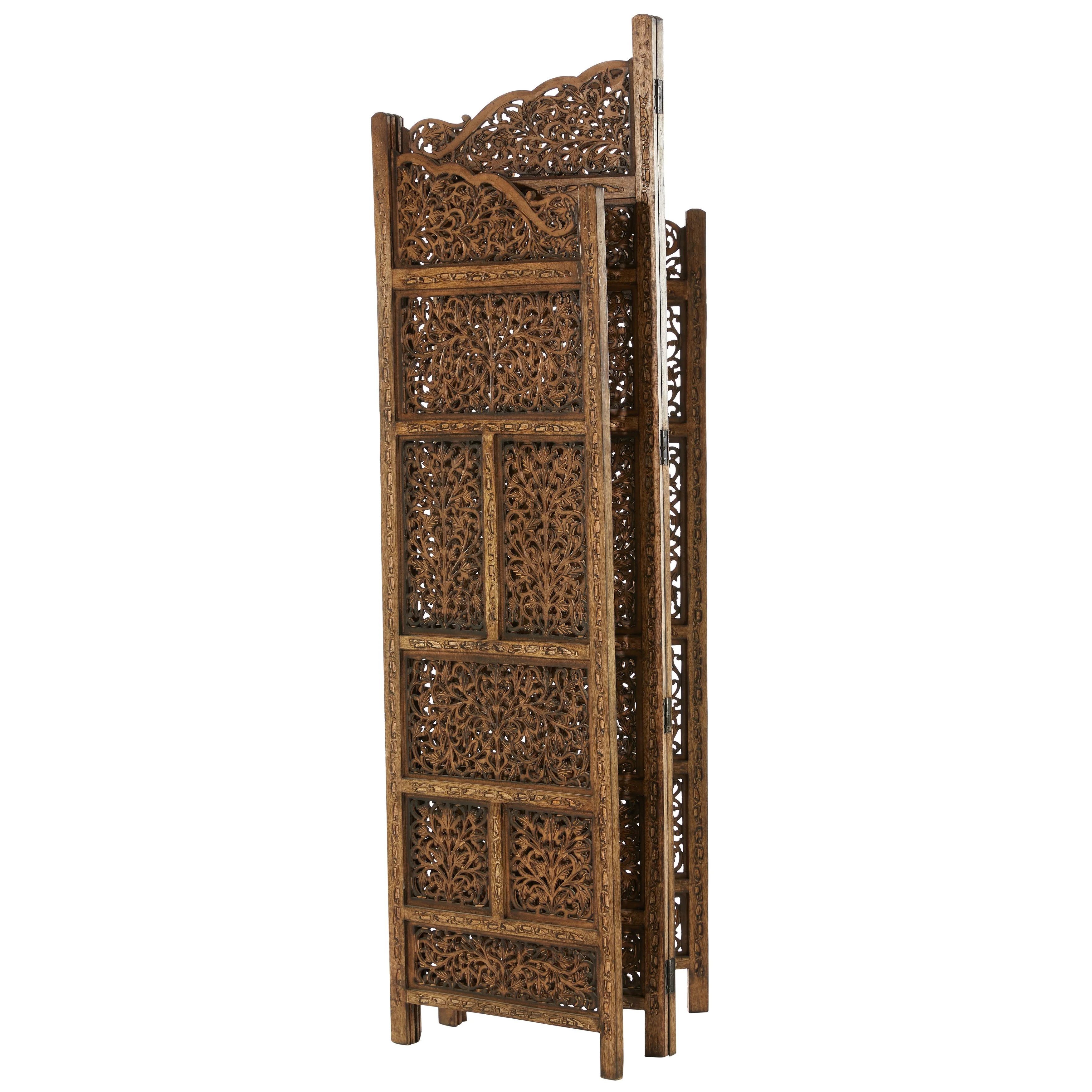 Hand Carved Fold-able 4-Panel Wooden Partition Screen/ Room Divider, Brown