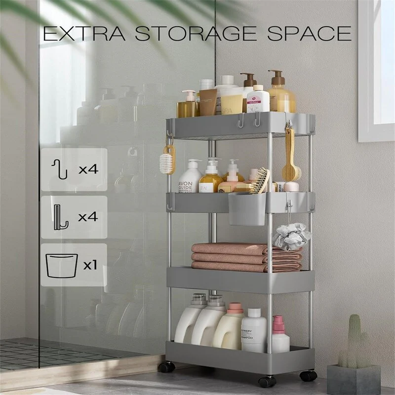 Slim Storage Cart with Wheels 4 Tier Bathroom Storage Organizer Rolling Utility Cart - 15.7
