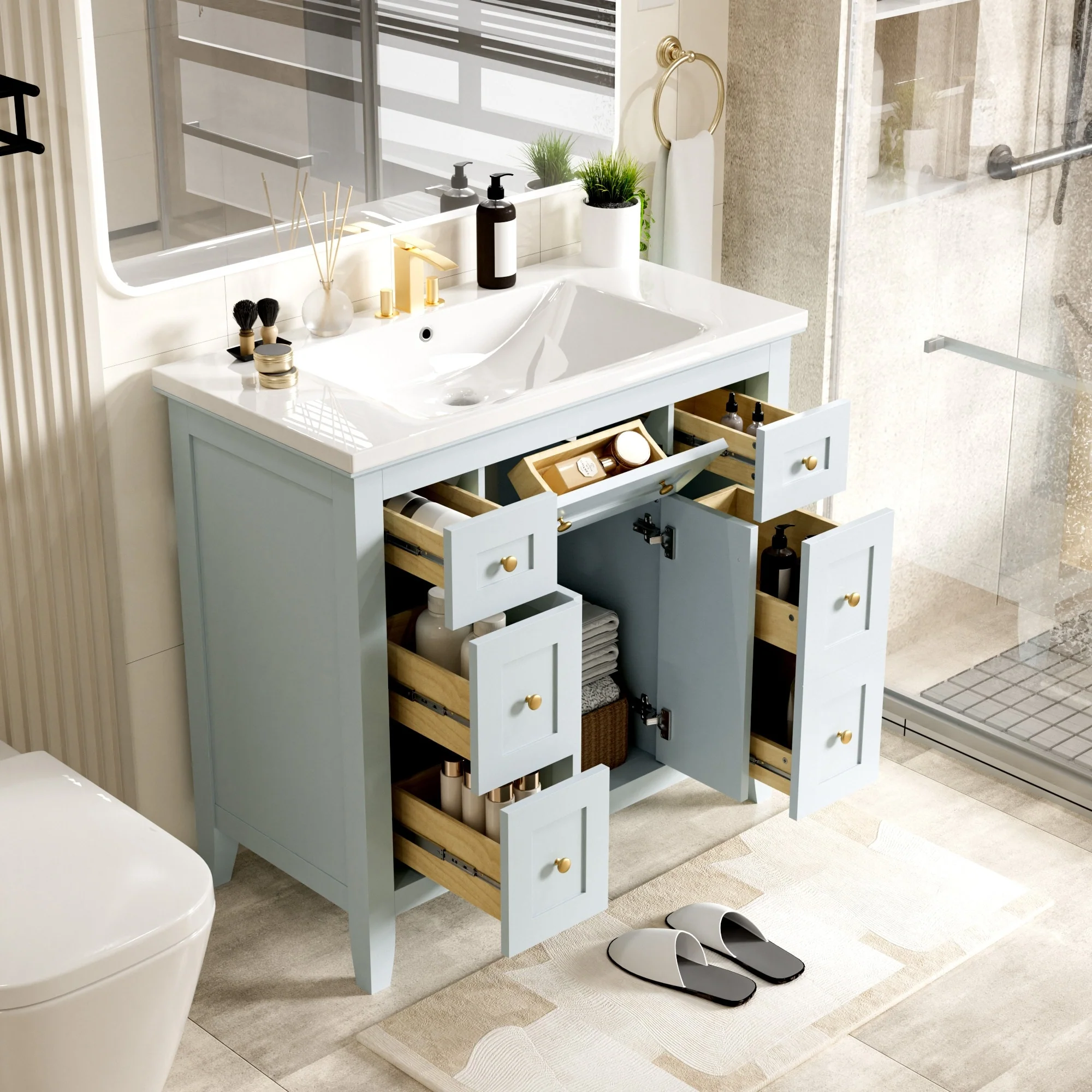 Modern Freestanding Single Bathroom Cabinet with 6 Drawers 2 Cabinets