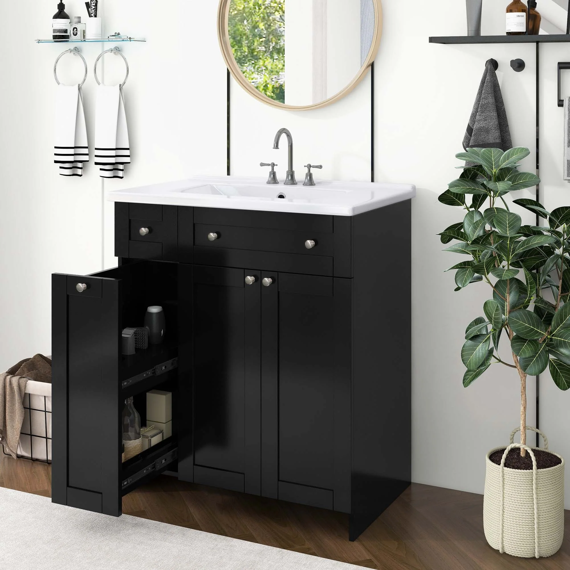 30-Inch Black Bathroom Vanity with Ceramic Sink