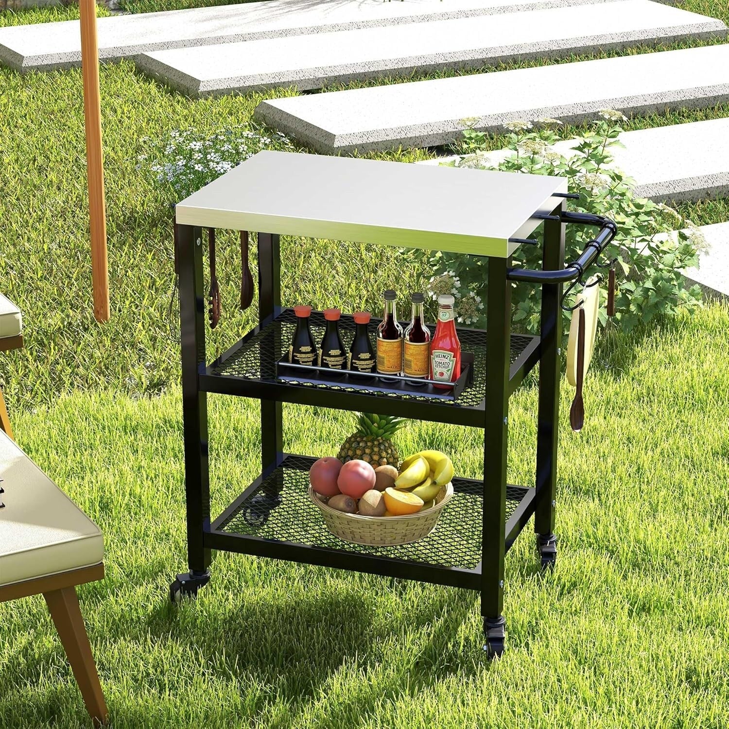Moasis Outdoor Patio Grill Table Bar Cart with Hooks and Side Handle