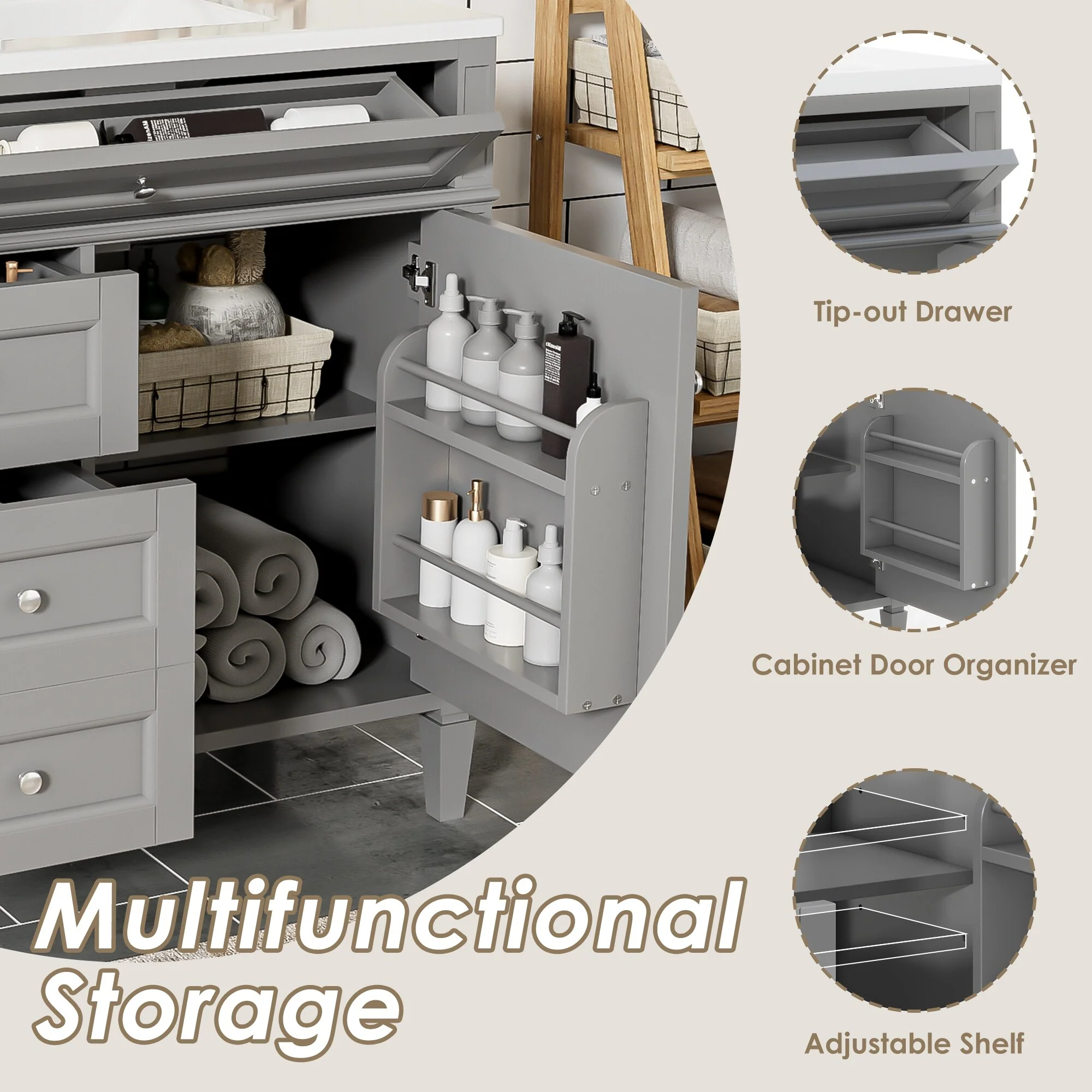 Bathroom Vanity with Single Sink, Bathroom Vanities with 2 Drawers, Bathroom Storage Cabinet with 1 Tip-Out Drawer and 1 Door