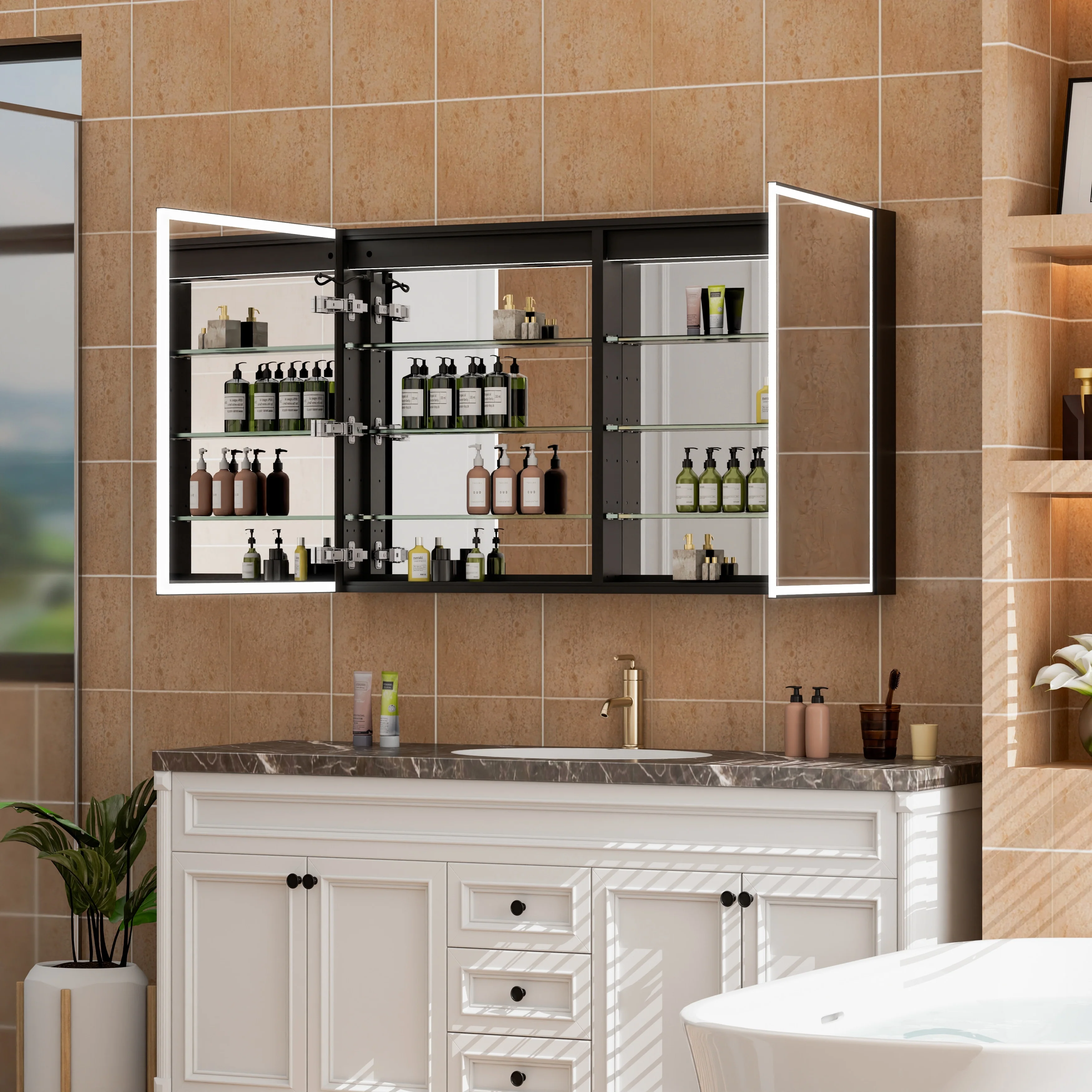 30'' H Recessed Or Surface Wall Mounted LED Mirror Cabinet With Mirror And Adjustable Shelves,Black Frame