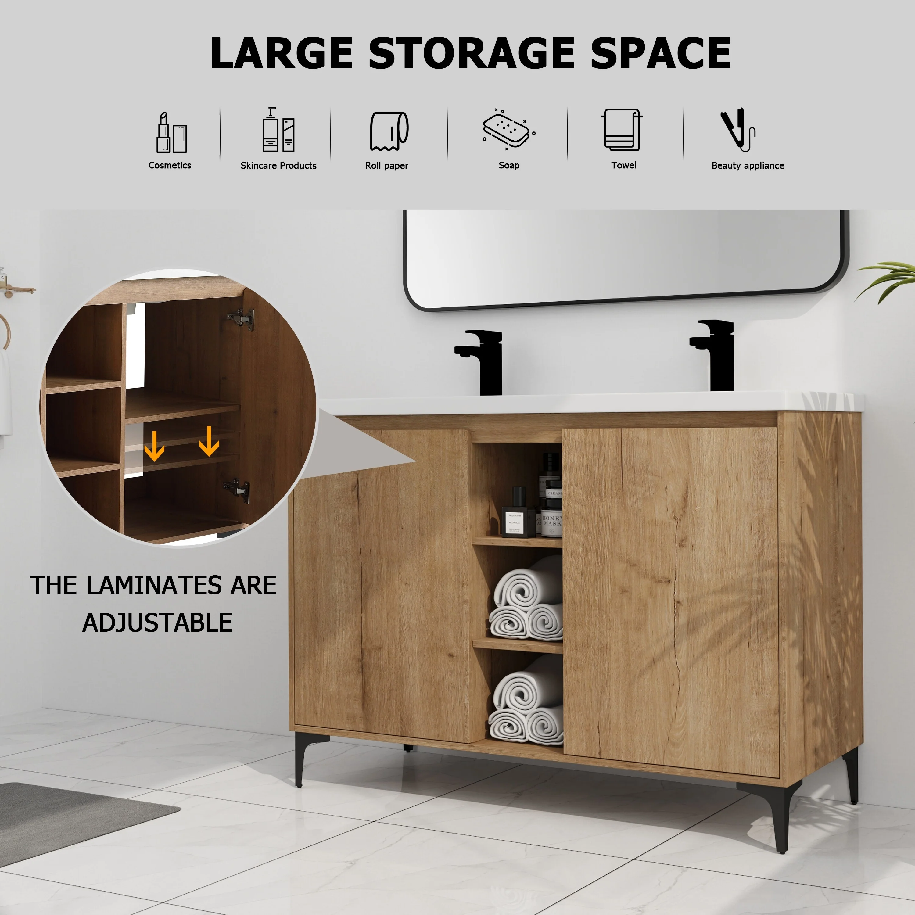 BNK Double Sink Bathroom Vanity in 48 Inch,Bathroom Cabinet with Soft Close Doors&Shelves