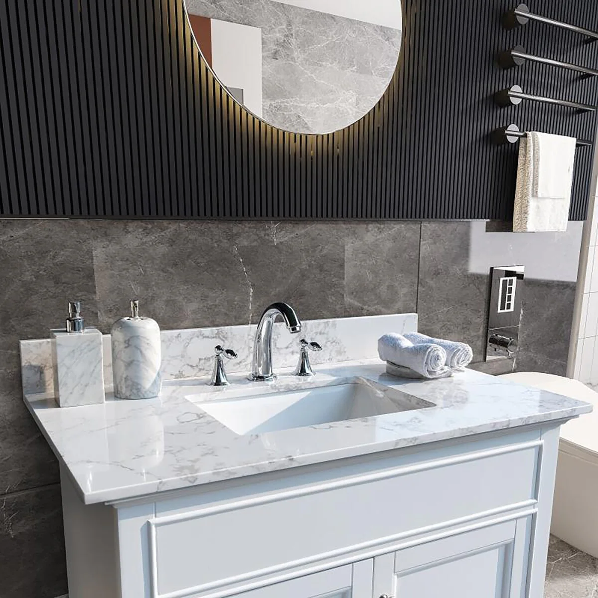 31 in./ 37 in./ 43 in./ 49 in. Carrara White Engineered Stone Bathroom Vanity Top with Ceramic Sink