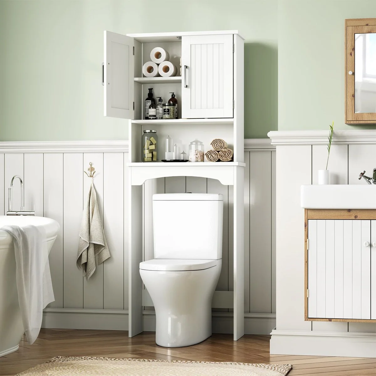 Over The Toilet Storage Cabinet with Double Doors and Anti-Tip Device