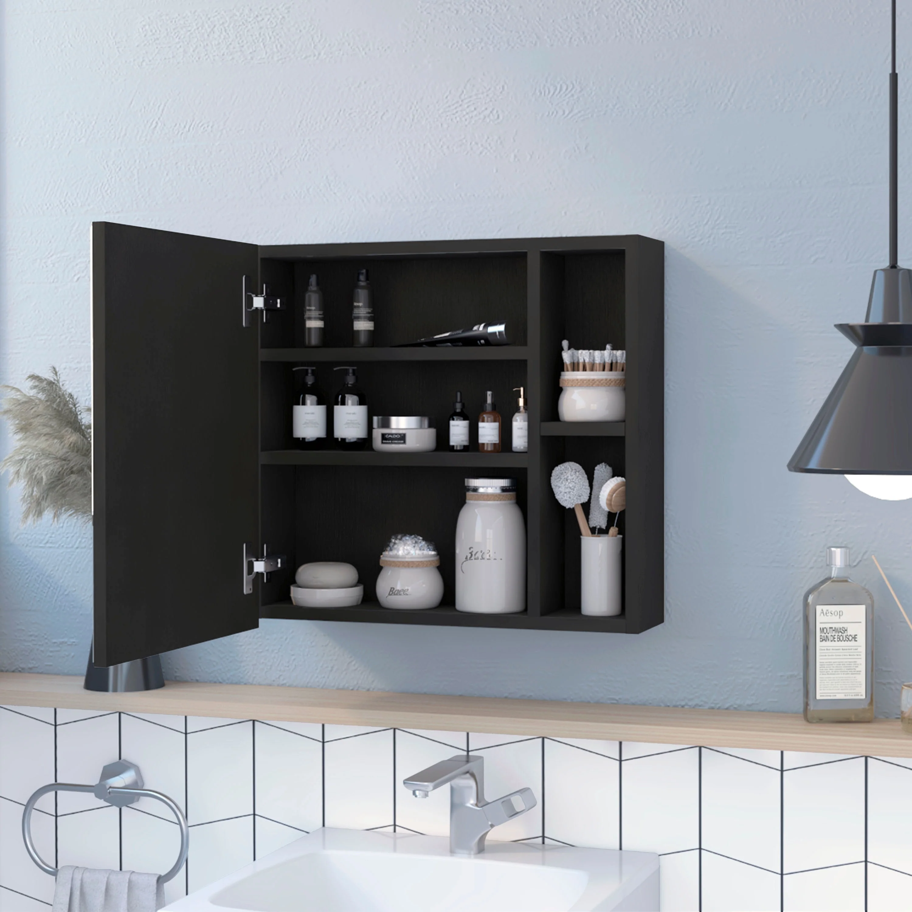 TUHOME Oman Medicine Cabinet with 2 Open Shelves, 3 Inner Shelves, and Mirror